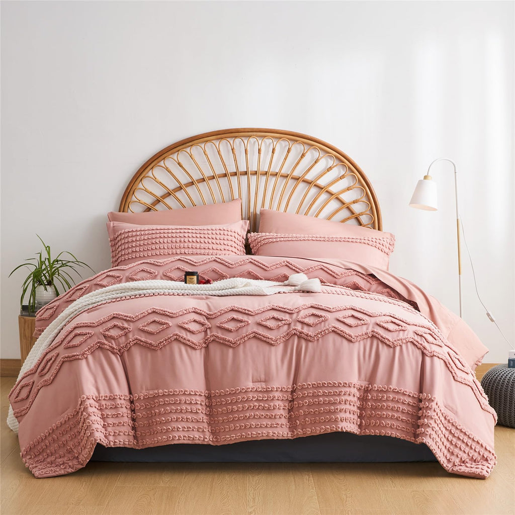 KAKIJUMN Grey Tufted Comforter Set King Size 7 Piece Bed in a Bag, Shabby Chic Boho Comforter and Sheet Set, Pom Pom Textured Bed Set, All Season Soft Microfiber Complete Bedding Set(Grey,King)