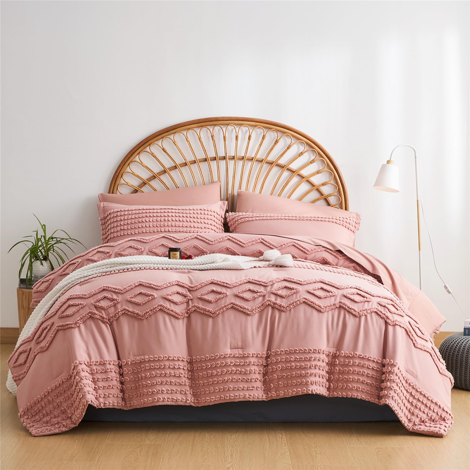KAKIJUMN Grey Tufted Comforter Set King Size 7 Piece Bed in a Bag, Shabby Chic Boho Comforter and Sheet Set, Pom Pom Textured Bed Set, All Season Soft Microfiber Complete Bedding Set(Grey,King)