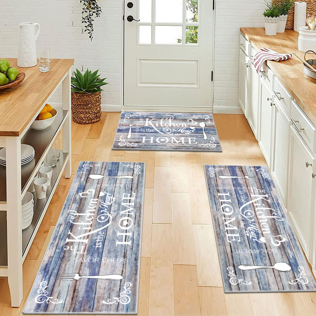 Vaukki Boho Kitchen Rug Sets 3 Pieces, Washable Kitchen Mats for Floor, Non Slip Soft Kitchen Area Rug Floor Mat for Kitchen, Laundry Room and Hallway (Grey and Beige, 20''x32''+20''x47''+20''x59'')