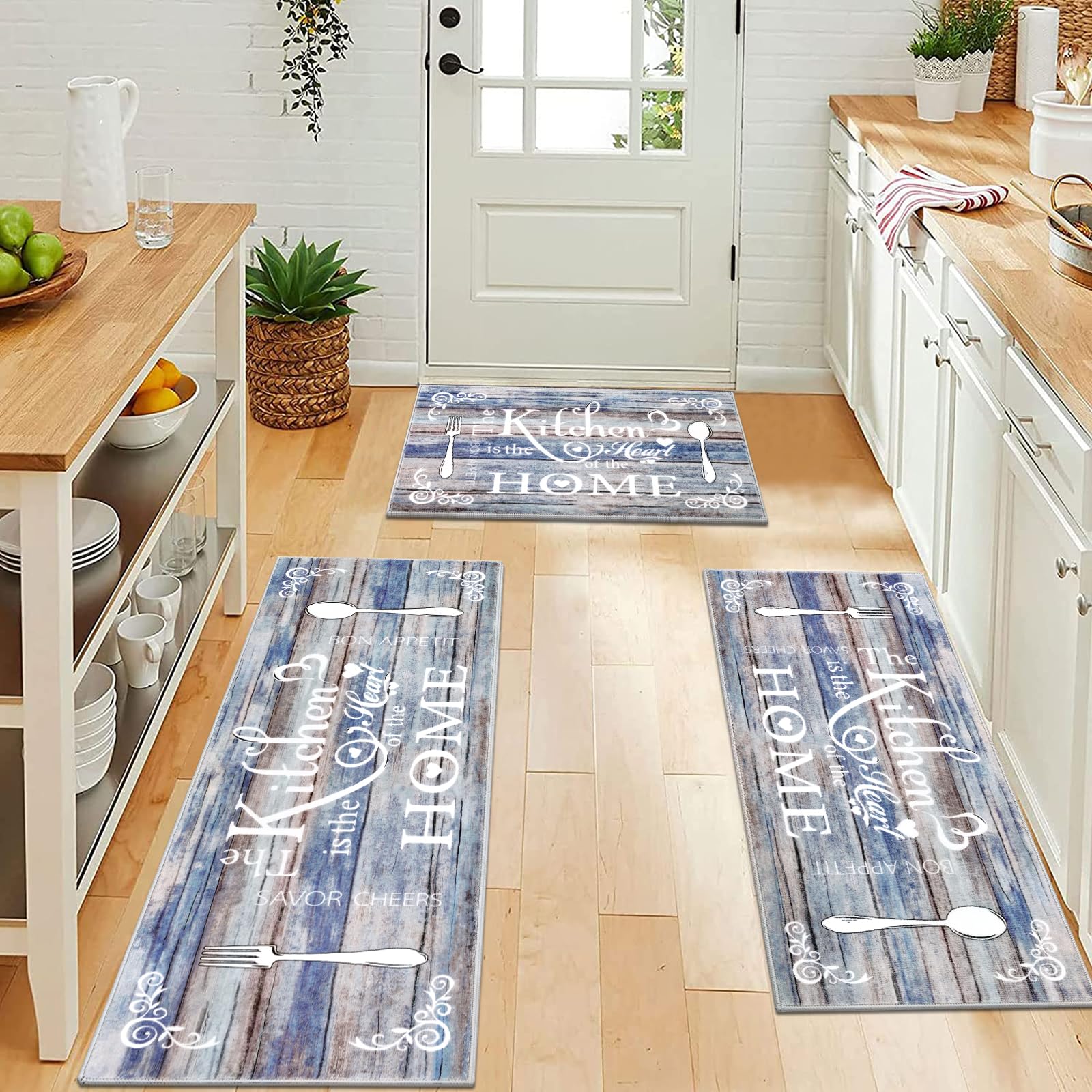 Vaukki Boho Kitchen Rug Sets 3 Pieces, Washable Kitchen Mats for Floor, Non Slip Soft Kitchen Area Rug Floor Mat for Kitchen, Laundry Room and Hallway (Grey and Beige, 20''x32''+20''x47''+20''x59'')