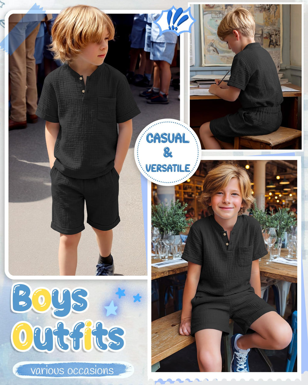 Boys 2 Piece Cotton Outfits 5-14Y Short Sleeve Button Down Shirt Shorts Pockets Summer Clothes Henley Casual Set