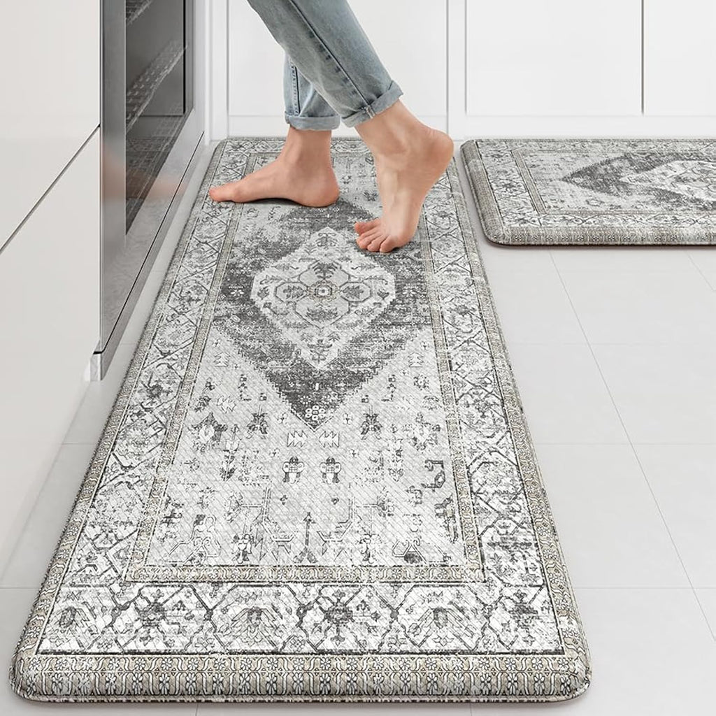 KIMODE Kitchen Mats 2PCS,Cushioned Anti Fatigue Kitchen Rugs and Mats,Non Skid Waterproof Kitchen Mats for Floor,Comfort Foam Standing Mat for Home Decor, Office,Sink,Laundry Room,Desk,Black and White