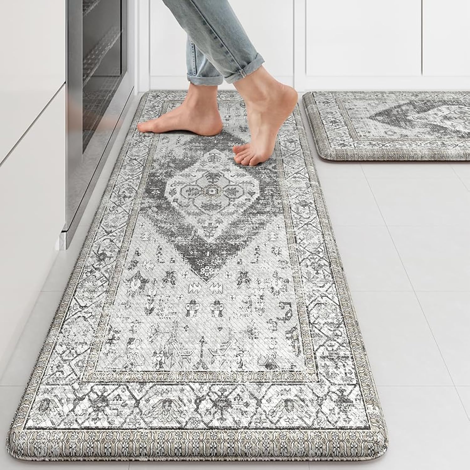 KIMODE Kitchen Mats 2PCS,Cushioned Anti Fatigue Kitchen Rugs and Mats,Non Skid Waterproof Kitchen Mats for Floor,Comfort Foam Standing Mat for Home Decor, Office,Sink,Laundry Room,Desk,Black and White