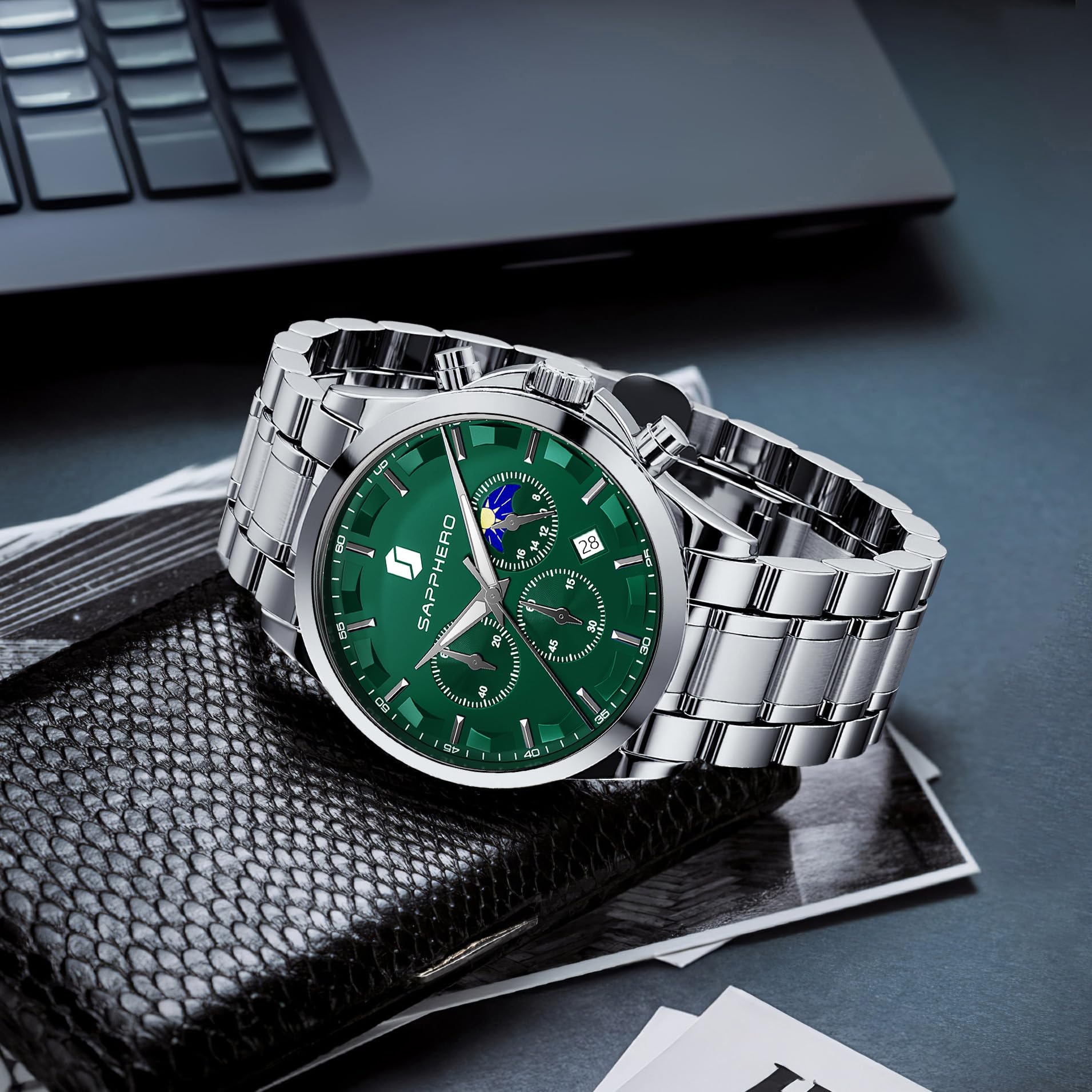 SAPPHERO Chronograph Watches for Men, Original Business Casual Stainless Steel Analog Watch 50M Waterproof Luminous Watches with Date Dial, Mens Gift