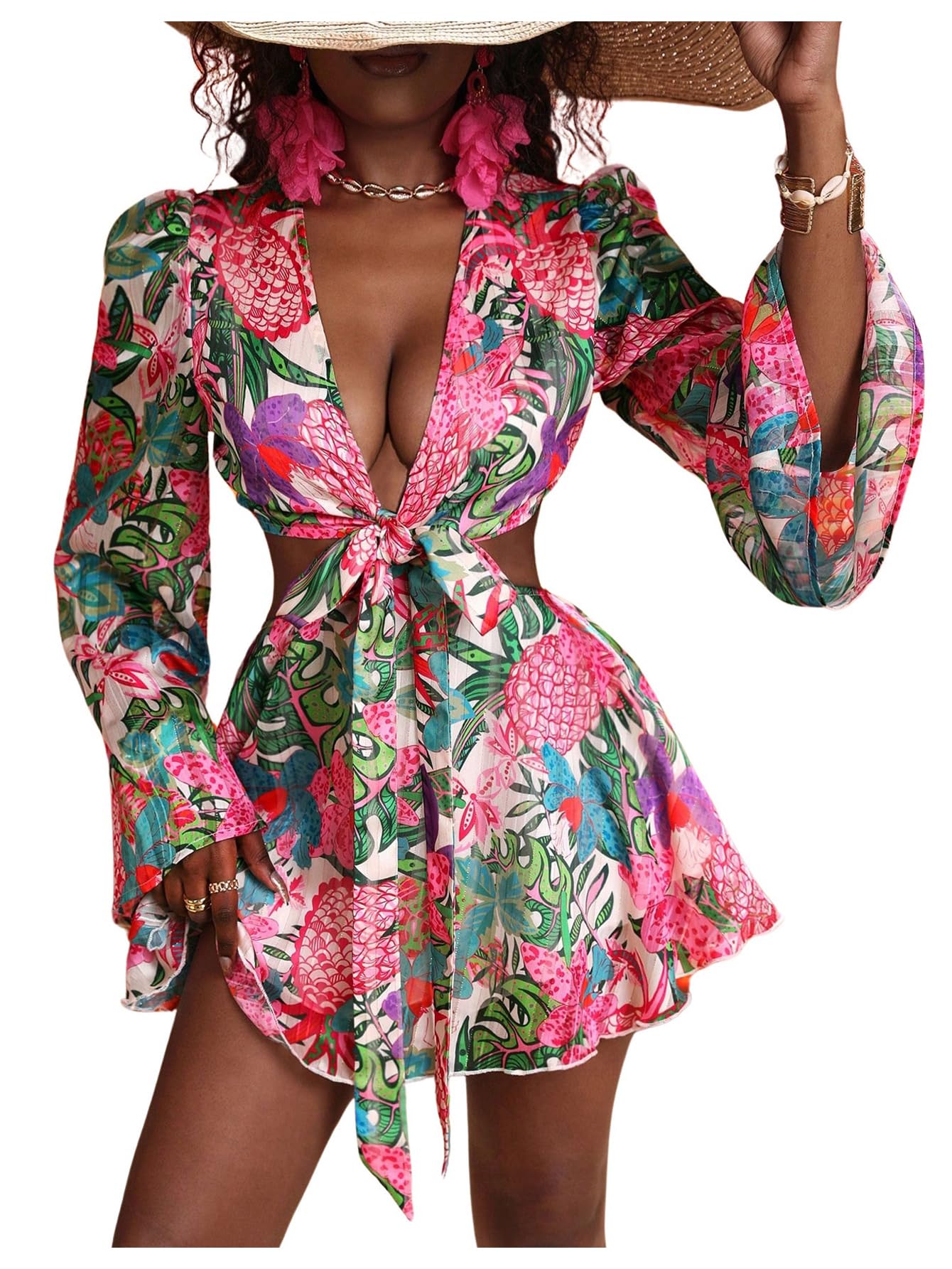 BEAUDRM Women's Tropical Dresses Summer Dress Vacation Beach Sundresses Sexy Long Bell Sleeve Two Piece Vacation Outfits