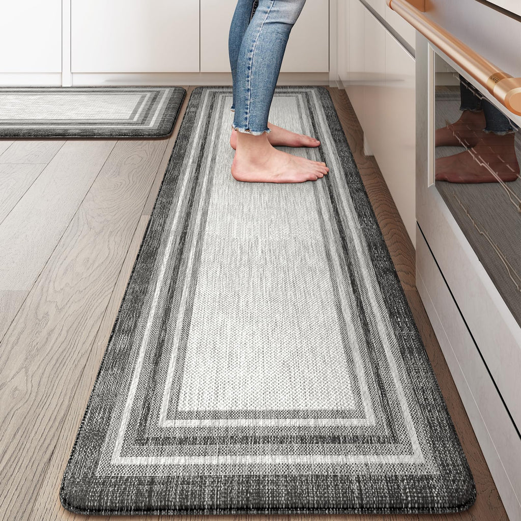 KIMODE Kitchen Mats 2PCS,Cushioned Anti Fatigue Kitchen Rugs and Mats,Non Skid Waterproof Kitchen Mats for Floor,Comfort Foam Standing Mat for Home Decor, Office,Sink,Laundry Room,Desk,Black and White