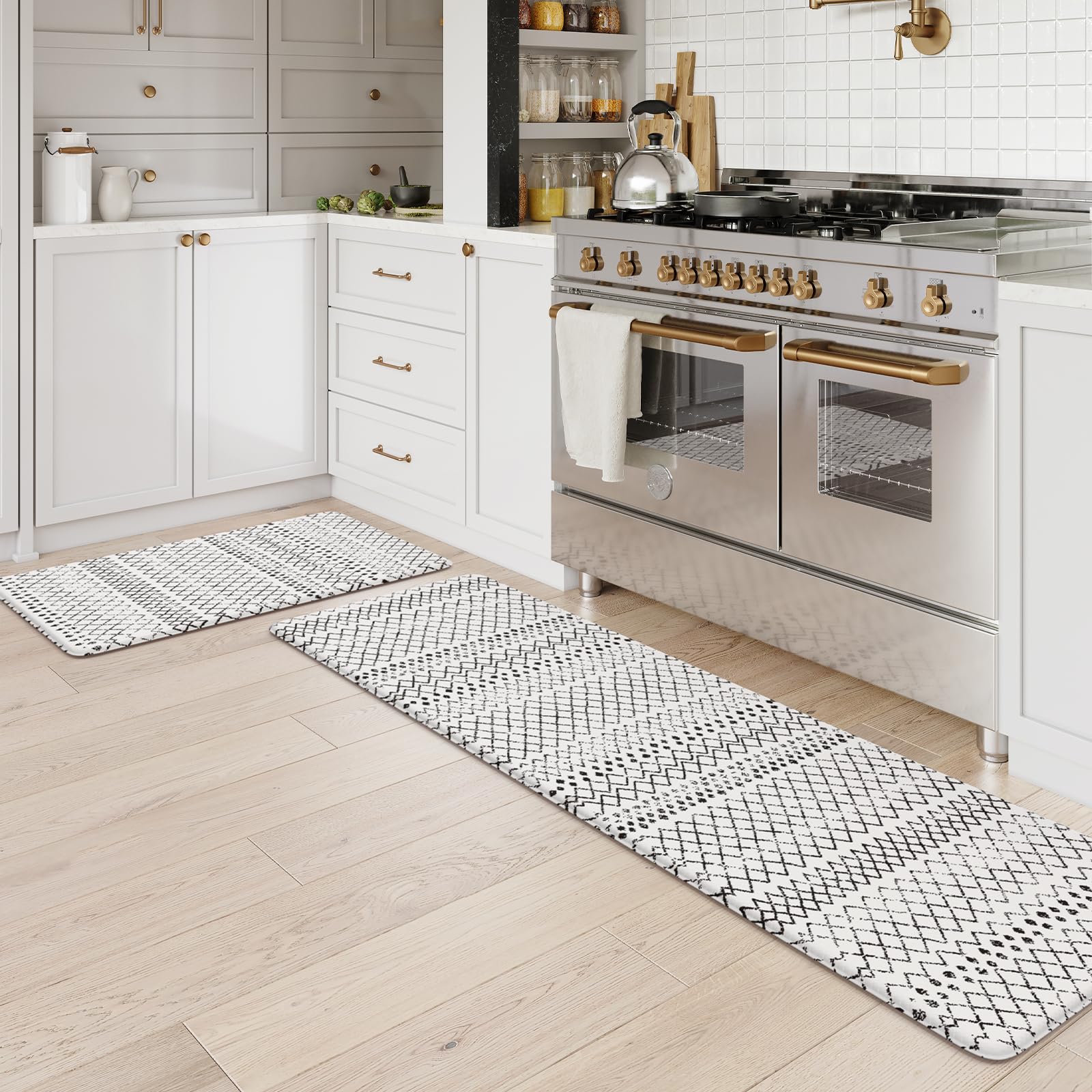 KIMODE Kitchen Mats 2PCS,Cushioned Anti Fatigue Kitchen Rugs and Mats,Non Skid Waterproof Kitchen Mats for Floor,Comfort Foam Standing Mat for Home Decor, Office,Sink,Laundry Room,Desk,Black and White