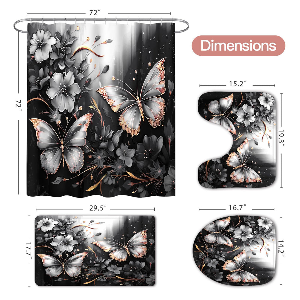 Litabel 4 Pcs Black Floral Butterfly Shower Curtain Set with Non-Slip Rugs, White Gold Modern Toilet Lid Cover and Bath Mat, Elegant Bathroom Decor Set (Hooks Not Included)