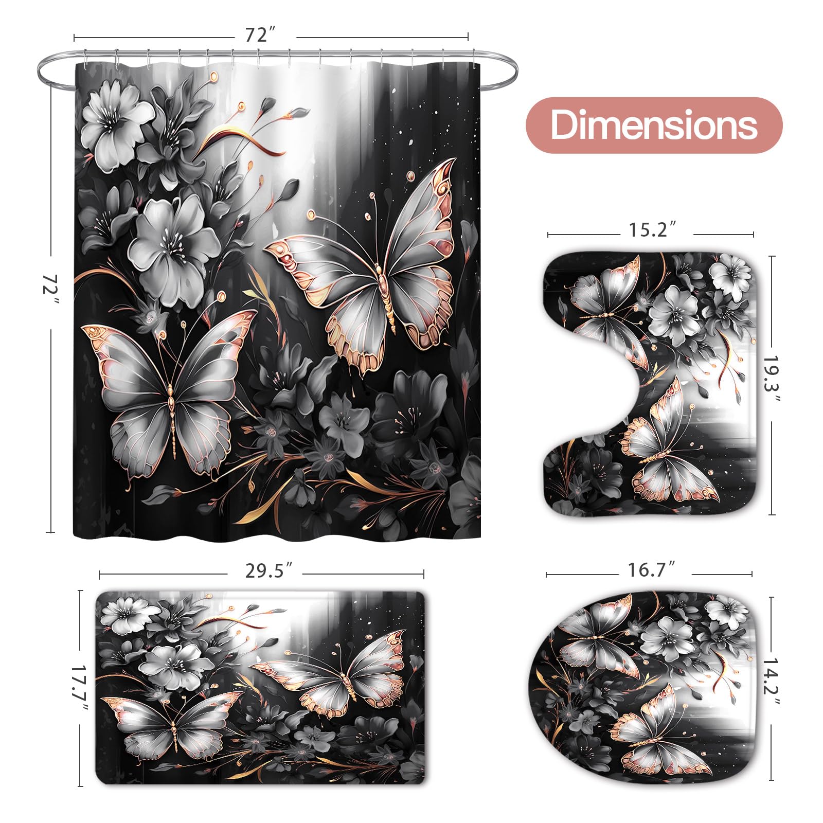 Litabel 4 Pcs Black Floral Butterfly Shower Curtain Set with Non-Slip Rugs, White Gold Modern Toilet Lid Cover and Bath Mat, Elegant Bathroom Decor Set (Hooks Not Included)