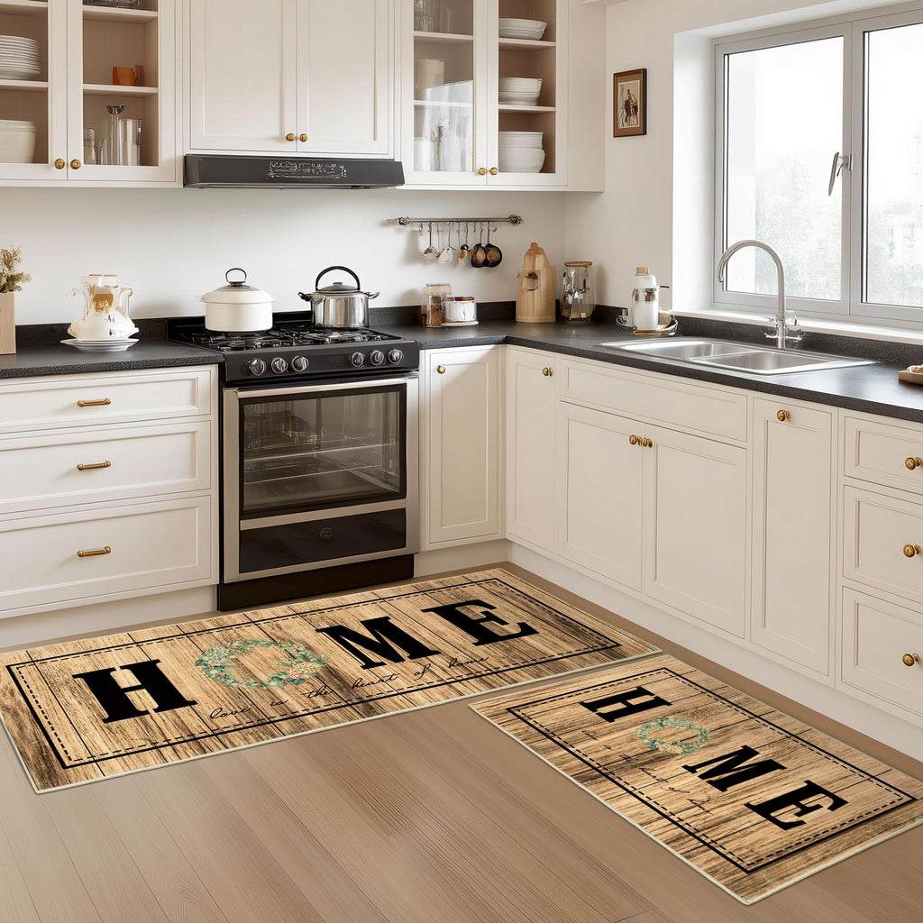 Tritard 100% Non Slip Kitchen Mats for Floor Washable Kitchen Rugs Sets of 3 Farmhouse Kitchen Runner Rug Soft Rustic Kitchen Floor Carpet for Hallway, Laundry, Sink, Office, Brown