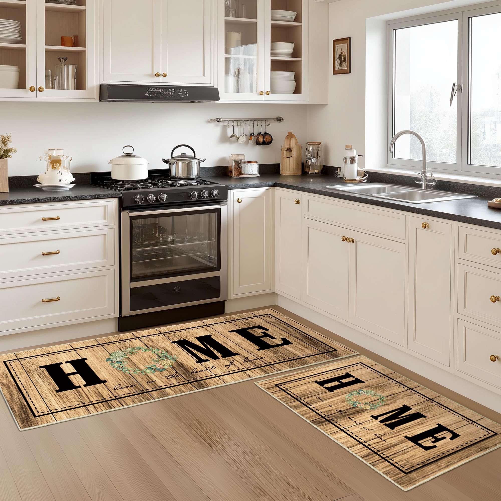 Tritard 100% Non Slip Kitchen Mats for Floor Washable Kitchen Rugs Sets of 3 Farmhouse Kitchen Runner Rug Soft Rustic Kitchen Floor Carpet for Hallway, Laundry, Sink, Office, Brown
