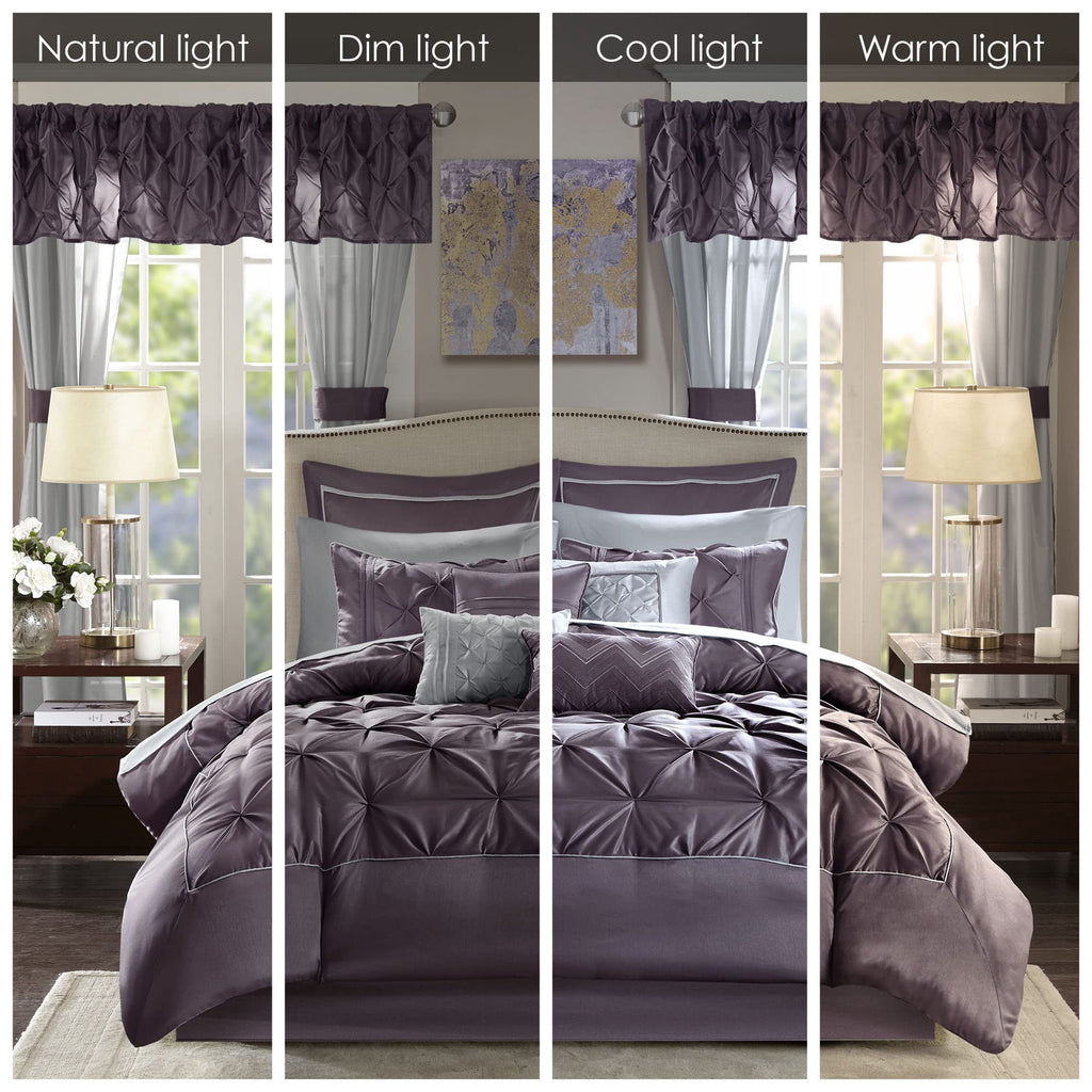 Madison Park Essentials Room in a Bag Faux Silk Comforter Set - Luxe Diamond Tufting All Season Bedding, Matching Curtains, Decorative Pillows, Taupe King(104"x92") 24 Piece