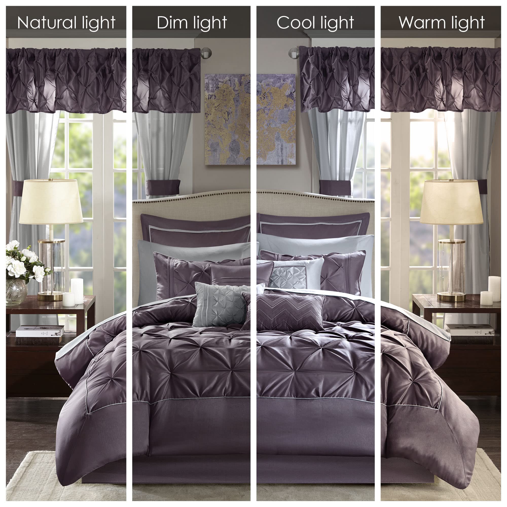 Madison Park Essentials Room in a Bag Faux Silk Comforter Set - Luxe Diamond Tufting All Season Bedding, Matching Curtains, Decorative Pillows, Taupe King(104"x92") 24 Piece