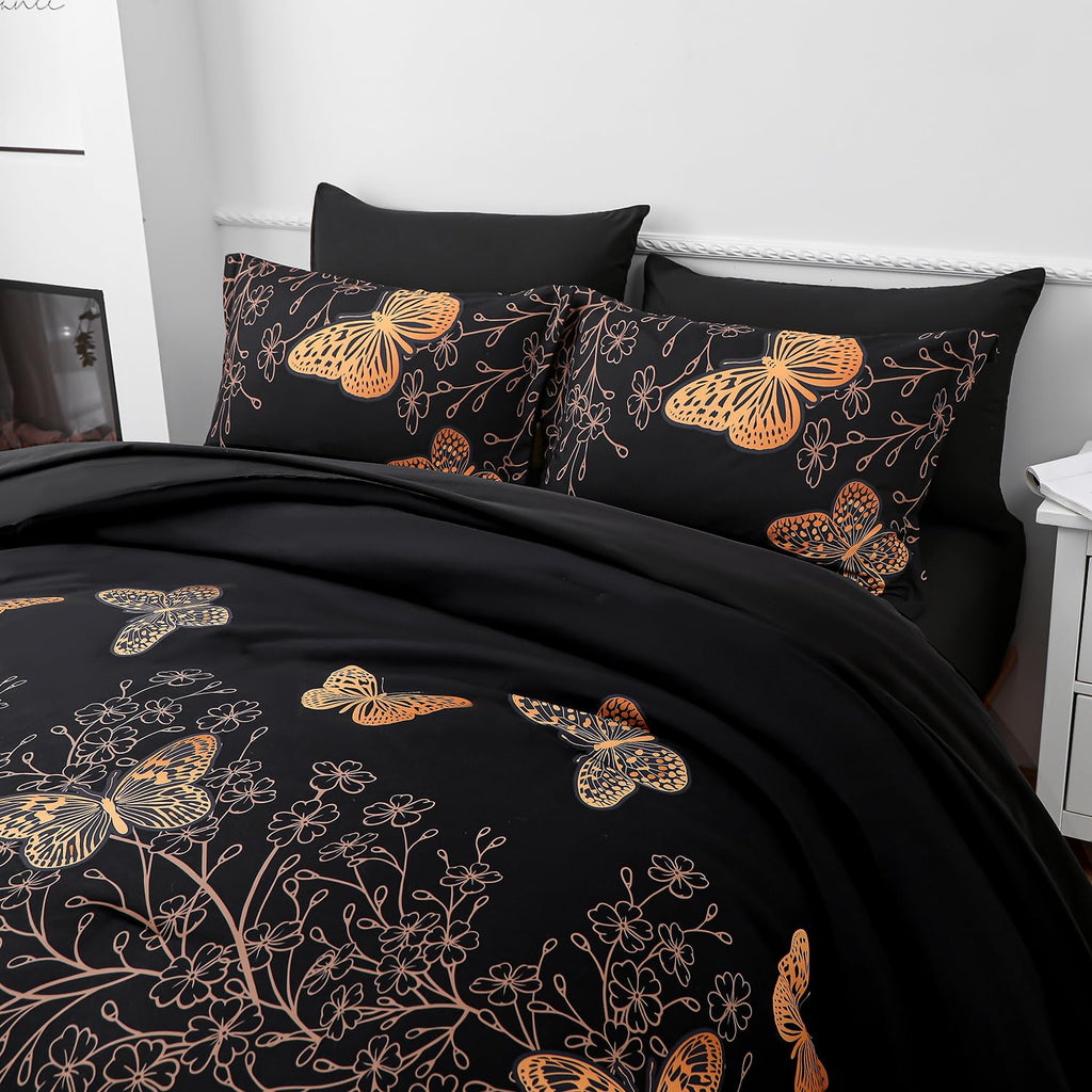 Yogeneg 7 Piece Bed in a Bag King Size Comforter Set Black Bedding Set,Gold Butterfly Leaves Printed on Black Reversible Design,Soft Microfiber Comforter with Sheet Set,All Season(Butterfly,King)