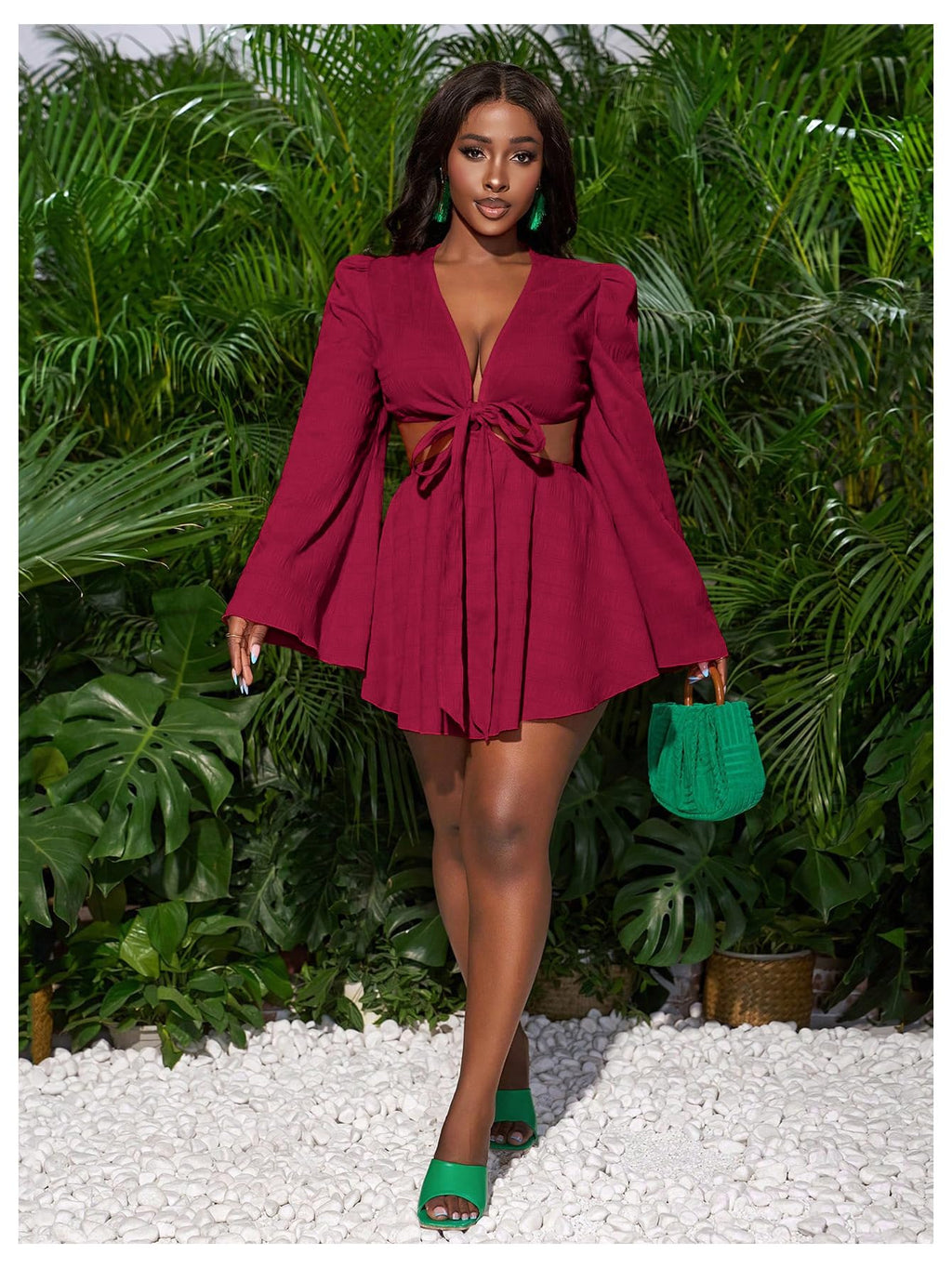 BEAUDRM Women's Tropical Dresses Summer Dress Vacation Beach Sundresses Sexy Long Bell Sleeve Two Piece Vacation Outfits