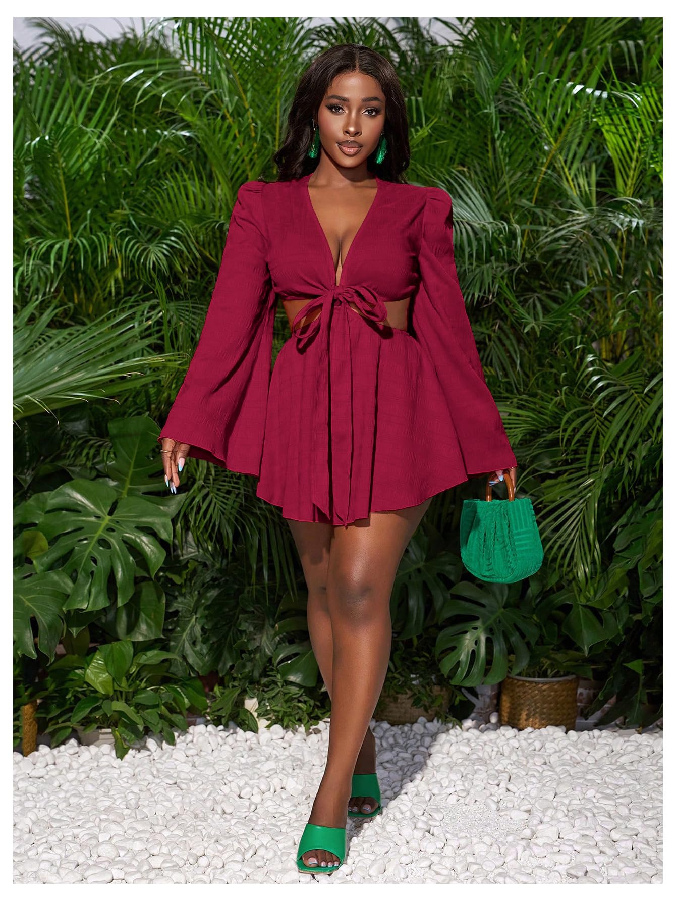 BEAUDRM Women's Tropical Dresses Summer Dress Vacation Beach Sundresses Sexy Long Bell Sleeve Two Piece Vacation Outfits