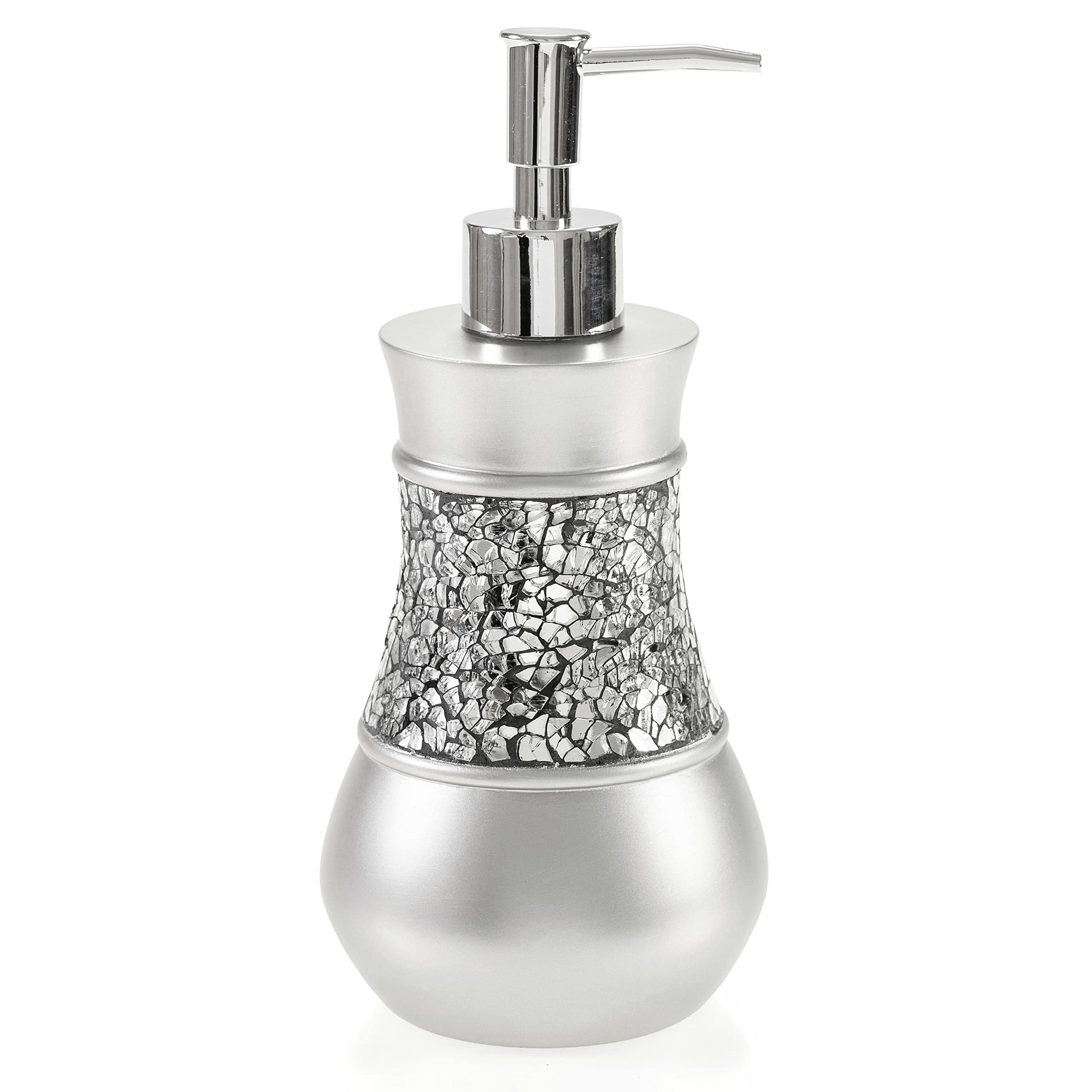 Creative Scents Crackled Glass Silver Bathroom Accessory Set – 4-Piece Vanity Set Includes: Lotion Soap Dispenser, Toothbrush Holder, Tumbler, and Soap Dish