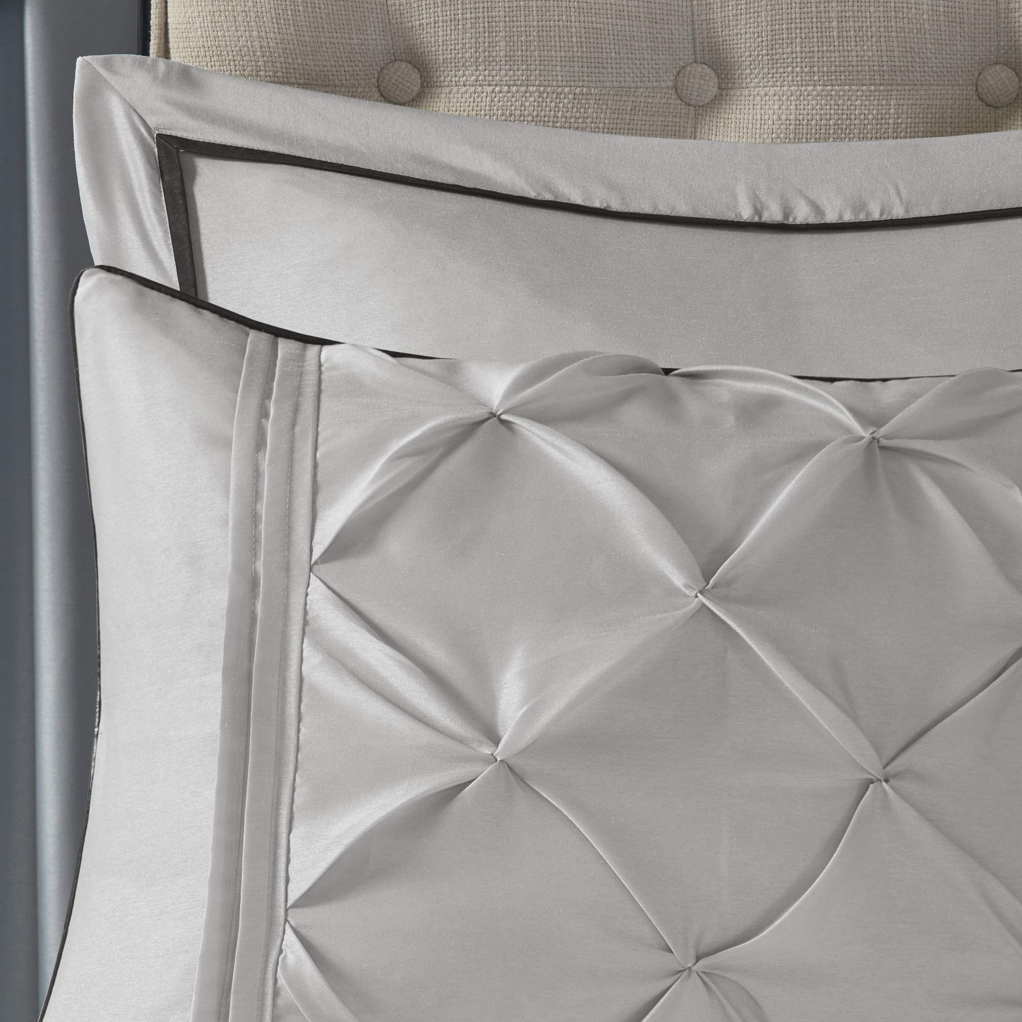 Madison Park Essentials Room in a Bag Faux Silk Comforter Set - Luxe Diamond Tufting All Season Bedding, Matching Curtains, Decorative Pillows, Taupe King(104"x92") 24 Piece