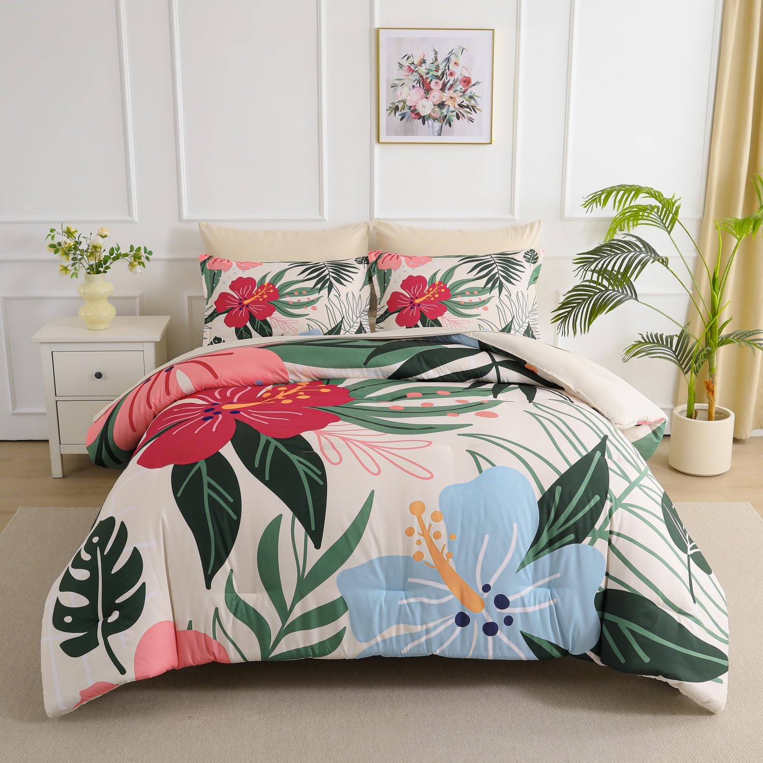 Yogeneg 7 Piece Bed in a Bag King Size Comforter Set Black Bedding Set,Gold Butterfly Leaves Printed on Black Reversible Design,Soft Microfiber Comforter with Sheet Set,All Season(Butterfly,King)