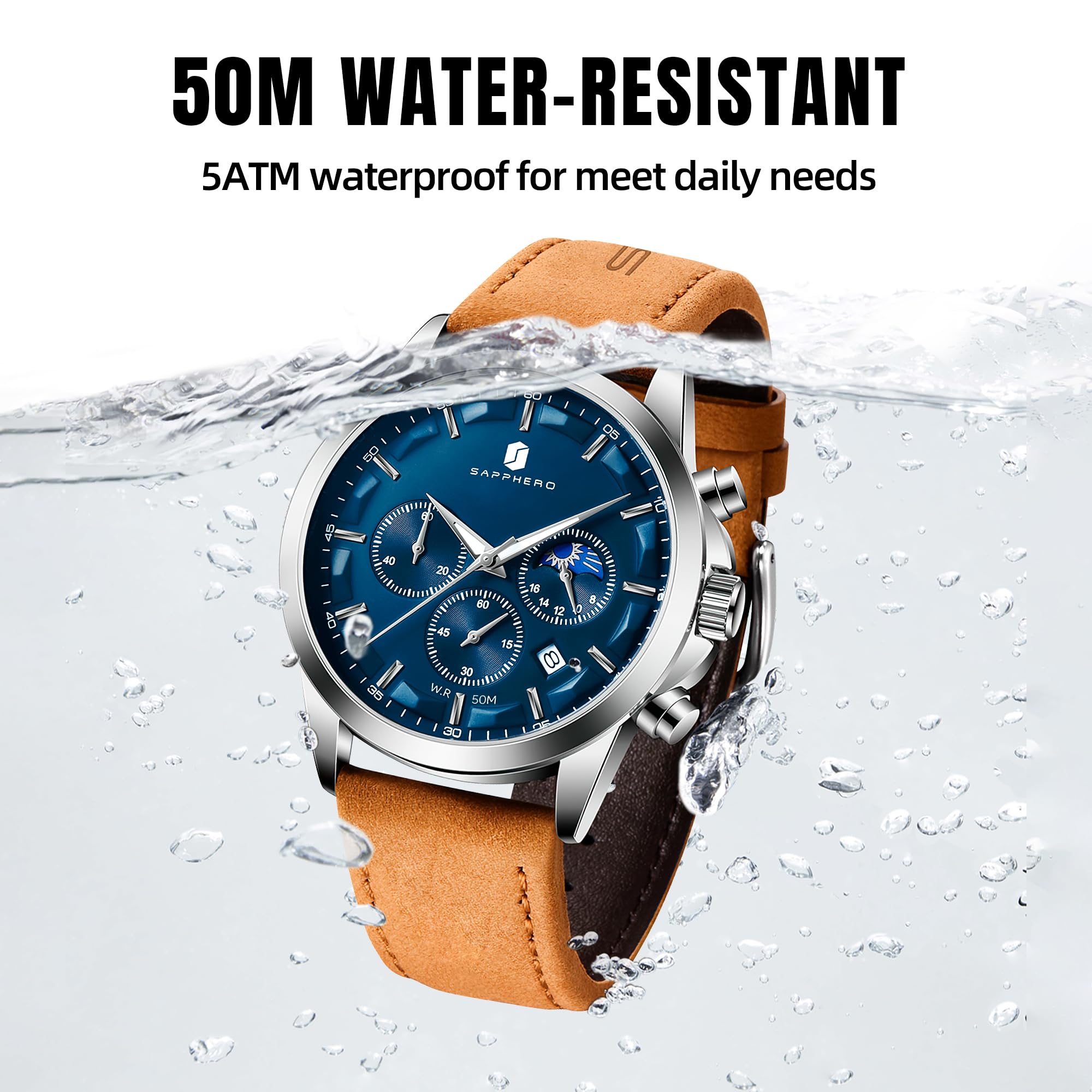 SAPPHERO Chronograph Watches for Men, Original Business Casual Stainless Steel Analog Watch 50M Waterproof Luminous Watches with Date Dial, Mens Gift