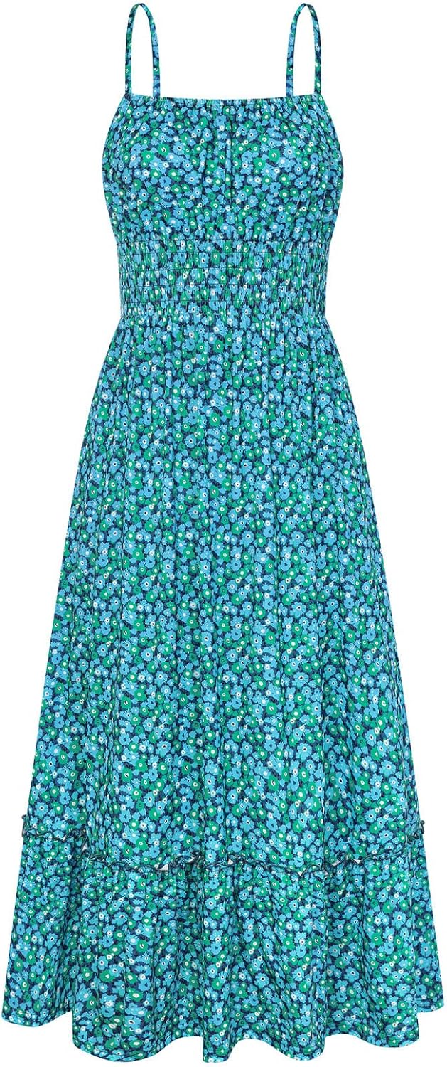 GRACE KARIN Summer Dresses for Women 2026 Vacation,Smocked Floral Maxi Dress,Boho Beach Sundress with Pocket Fashion Clothing