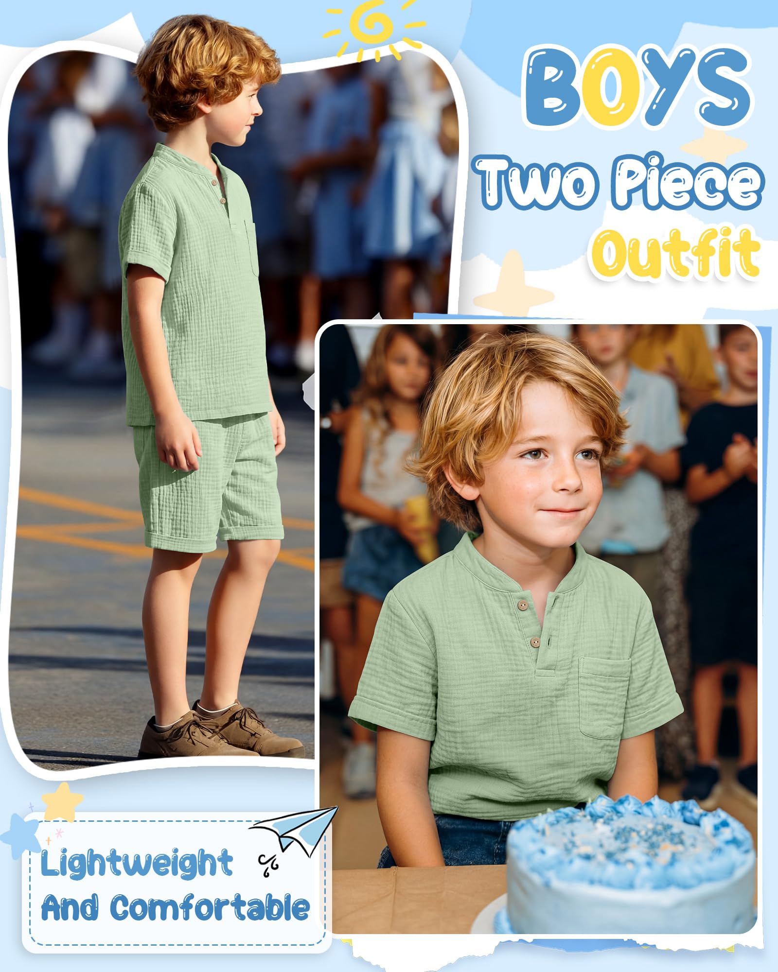 Boys 2 Piece Cotton Outfits 5-14Y Short Sleeve Button Down Shirt Shorts Pockets Summer Clothes Henley Casual Set