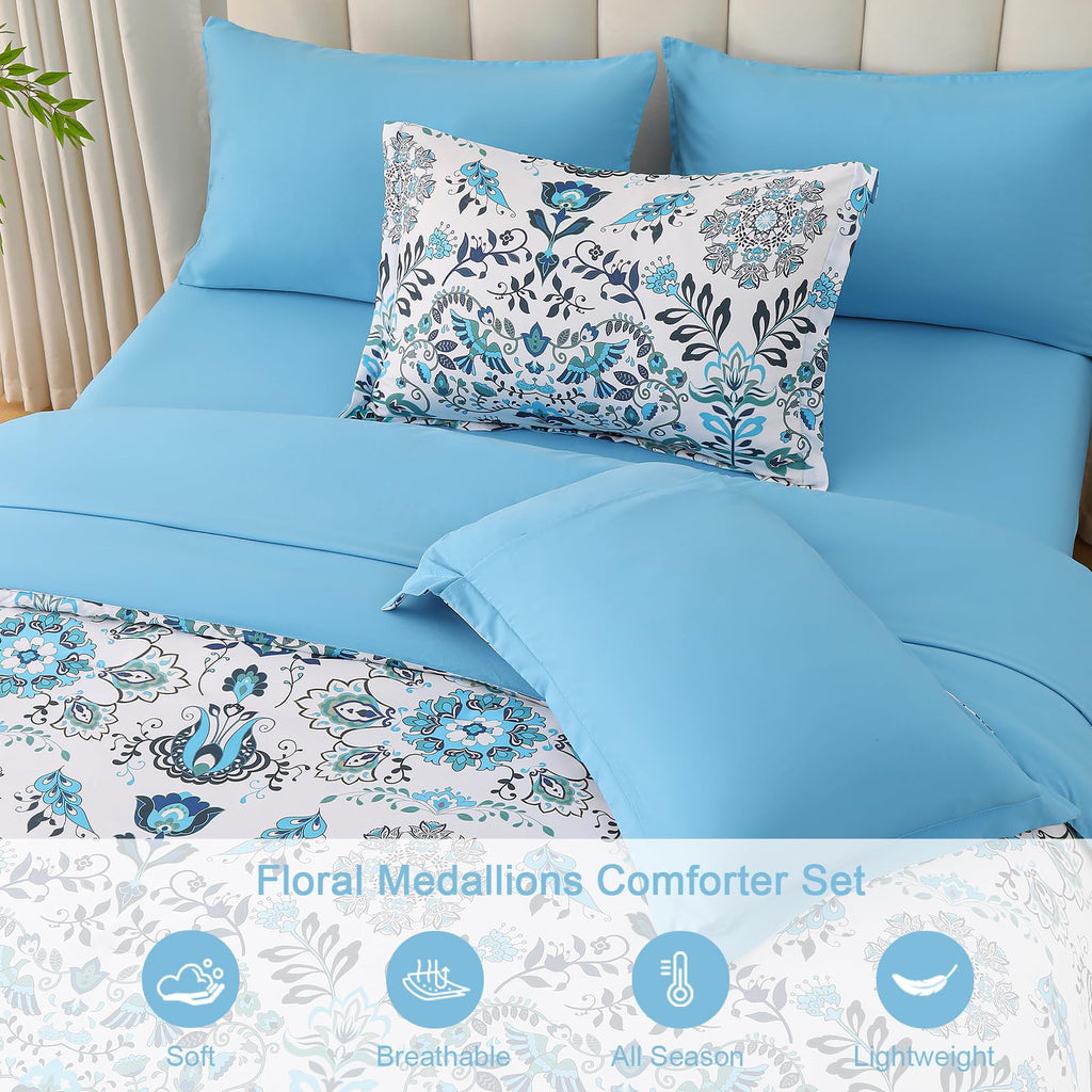 DHSFKBE 7 Piece Bed in a Bag Floral Comforter Set, Botanical Flowers Comforter and Sheet Set, Soft Microfiber Lightweight Bedding Comforter Set for All Season(Dark Floral, King)
