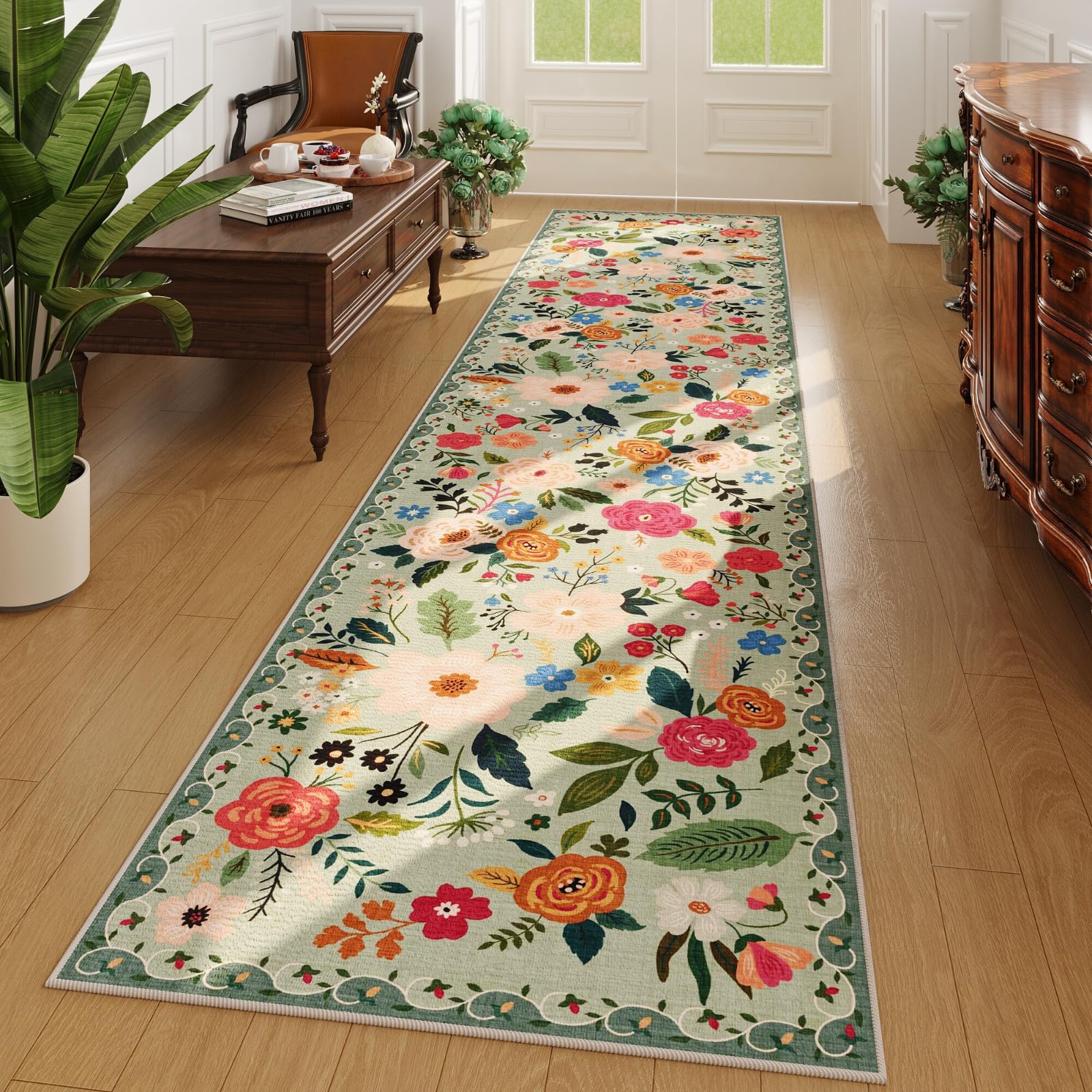 Rugcomf Area Rugs 8x10 Rug for Living Room Clearance Washable Boho Area Rug Non Slip Floral Vintage Low Pile Large Rug for Living Room, Bedroom, Farmhouse, Dining Room, Kids Playroom(Black)