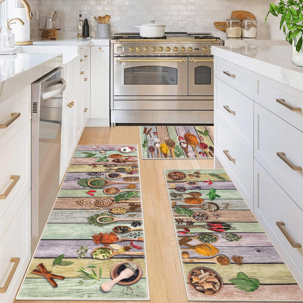 Vaukki Boho Kitchen Rug Sets 3 Pieces, Washable Kitchen Mats for Floor, Non Slip Soft Kitchen Area Rug Floor Mat for Kitchen, Laundry Room and Hallway (Grey and Beige, 20''x32''+20''x47''+20''x59'')