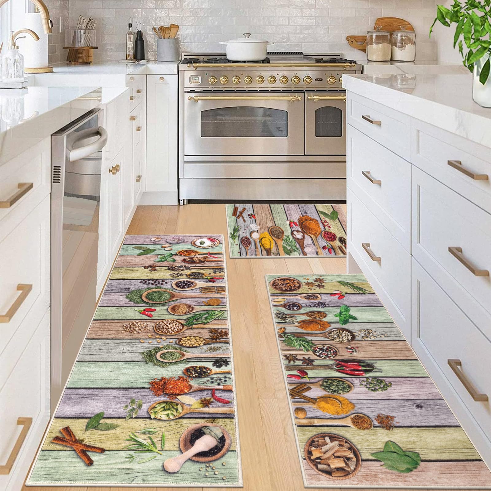 Vaukki Boho Kitchen Rug Sets 3 Pieces, Washable Kitchen Mats for Floor, Non Slip Soft Kitchen Area Rug Floor Mat for Kitchen, Laundry Room and Hallway (Grey and Beige, 20''x32''+20''x47''+20''x59'')