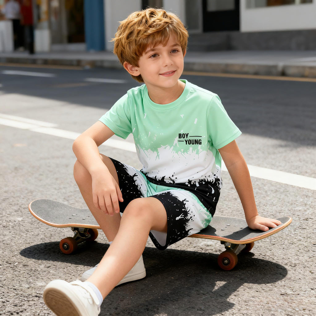 Kids Tween Boy Casual Clothing Set Letter Graphic Colorblock Tee +Shorts Summer Clothing Set 4-14 Years