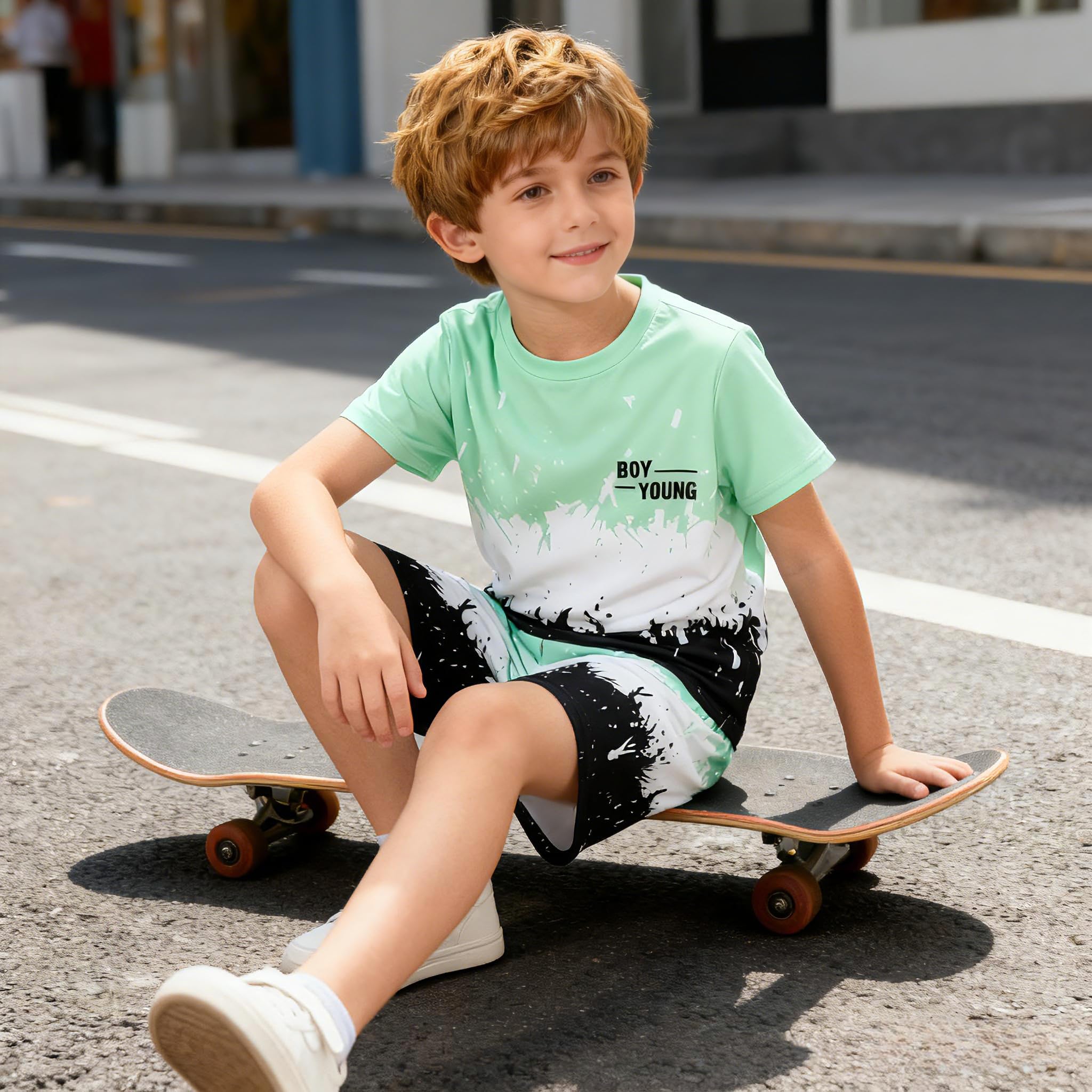 Kids Tween Boy Casual Clothing Set Letter Graphic Colorblock Tee +Shorts Summer Clothing Set 4-14 Years