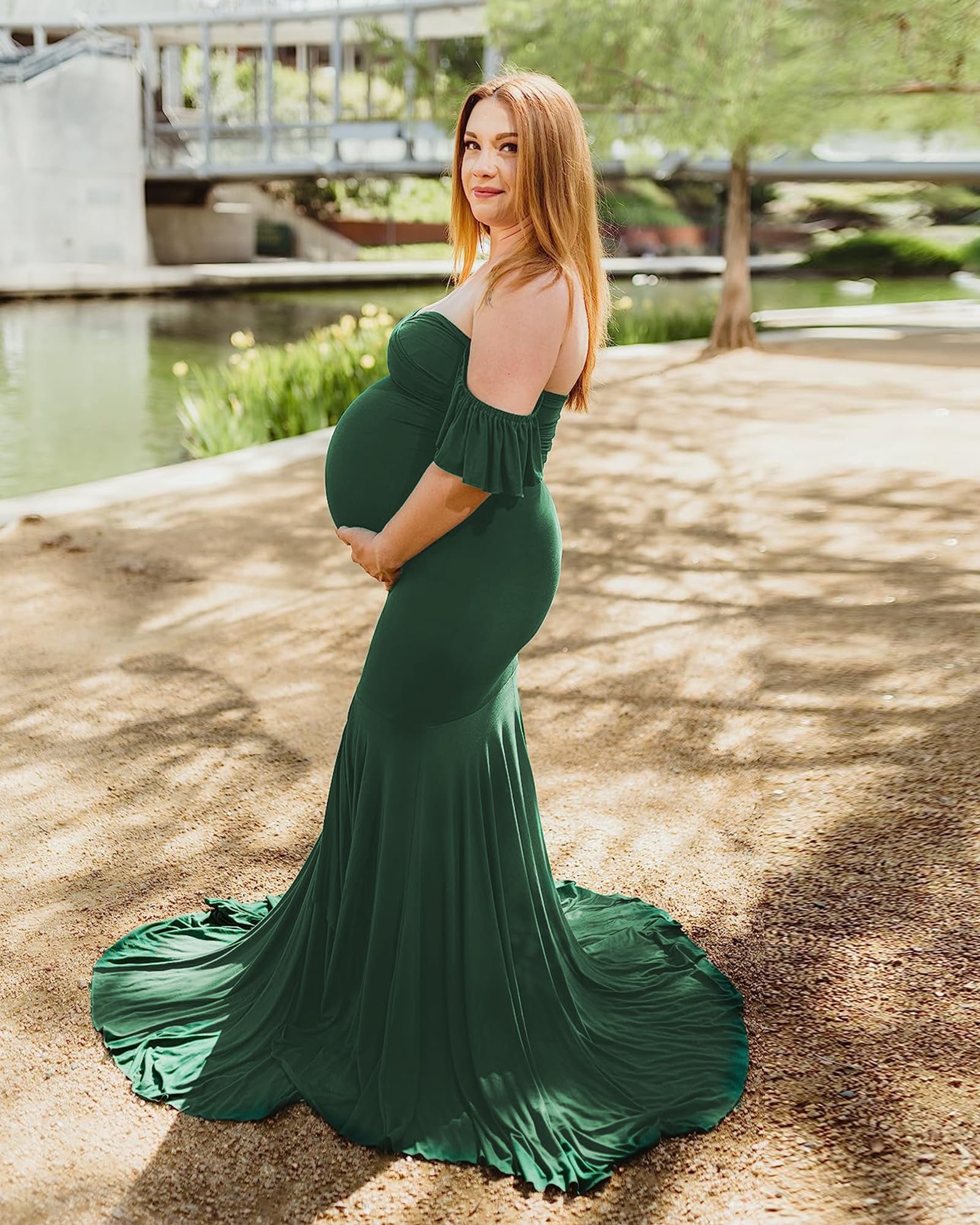 Saslax Off Shoulder Ruffle Sleeves Elegant Fitted Maxi Maternity Dress for Photoshoot Baby Shower