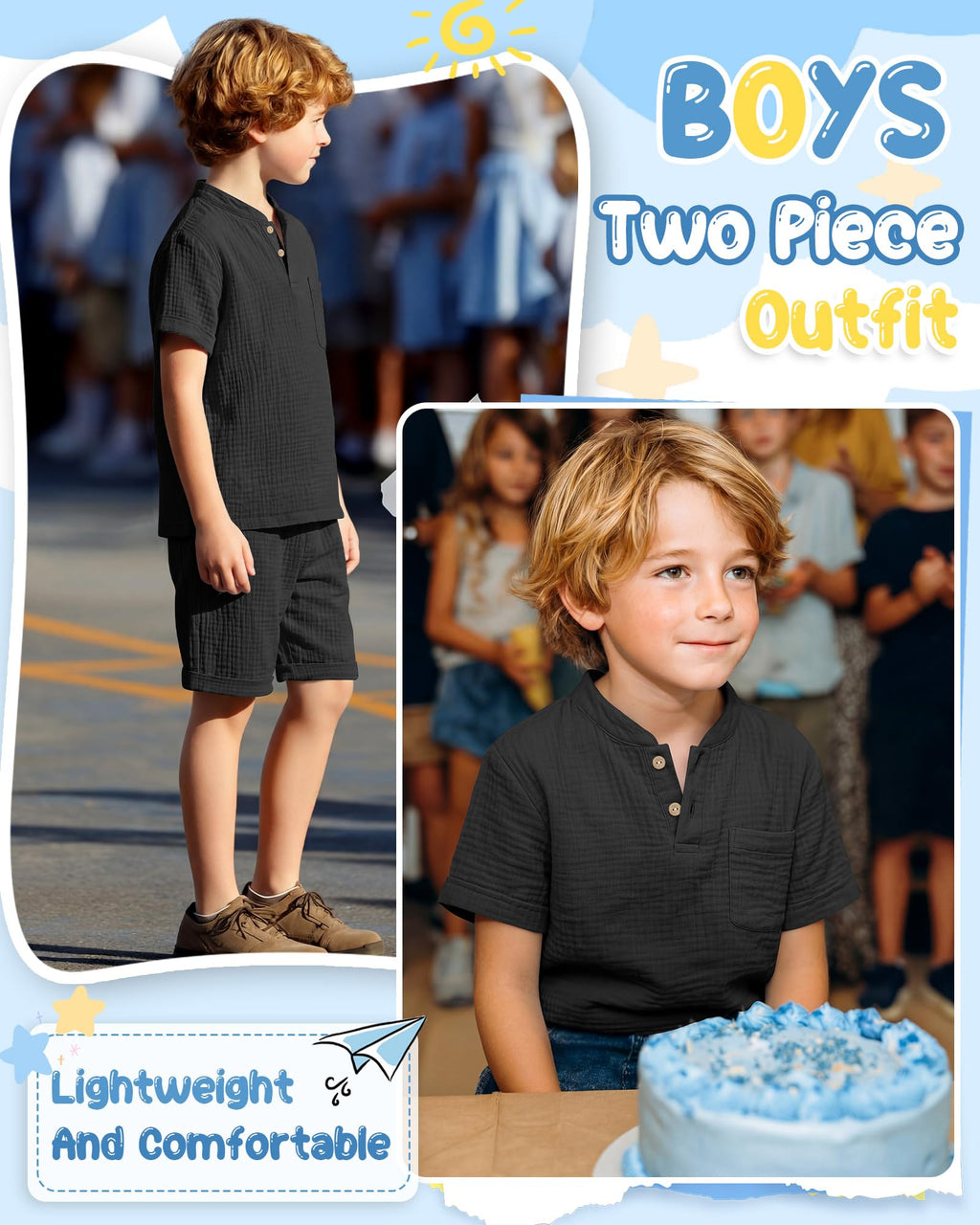 Boys 2 Piece Cotton Outfits 5-14Y Short Sleeve Button Down Shirt Shorts Pockets Summer Clothes Henley Casual Set