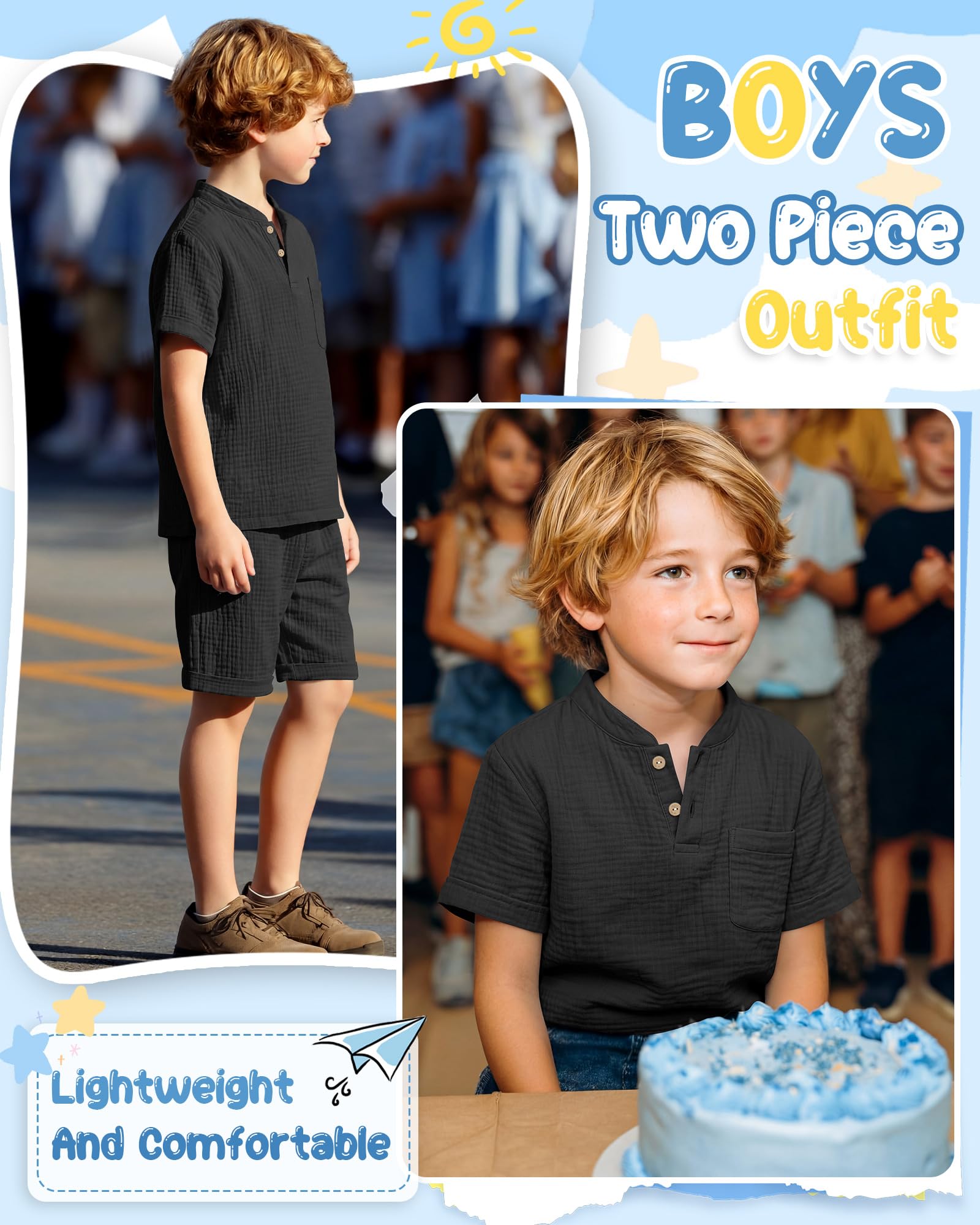 Boys 2 Piece Cotton Outfits 5-14Y Short Sleeve Button Down Shirt Shorts Pockets Summer Clothes Henley Casual Set