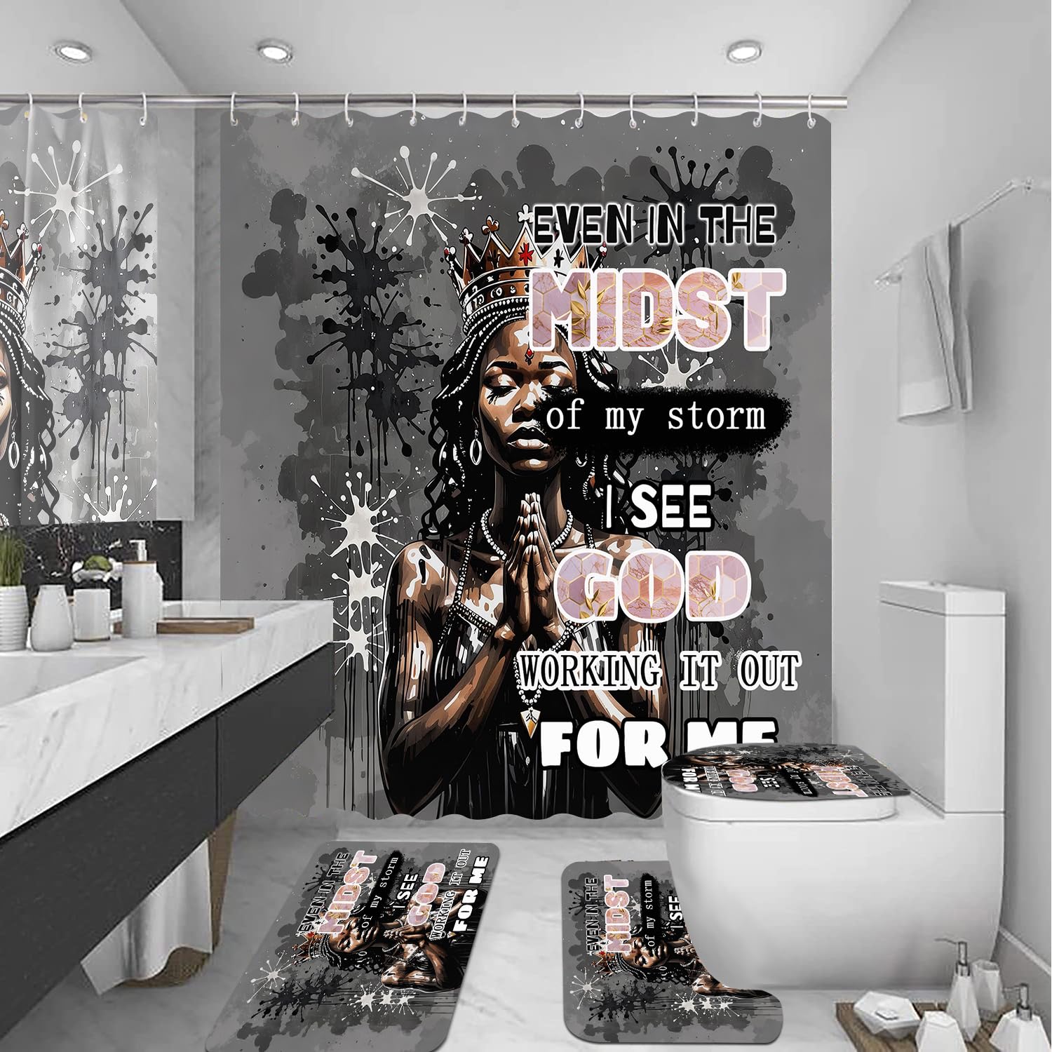 African American Shower Curtain Sets for Bathroom, Black Praying King Bathroom Sets with Waterproof Shower Curtain and Non-Slip Rugs Toilet Lid Cover Bath Mat, Cool Unique Man Bathroom Decor Sets