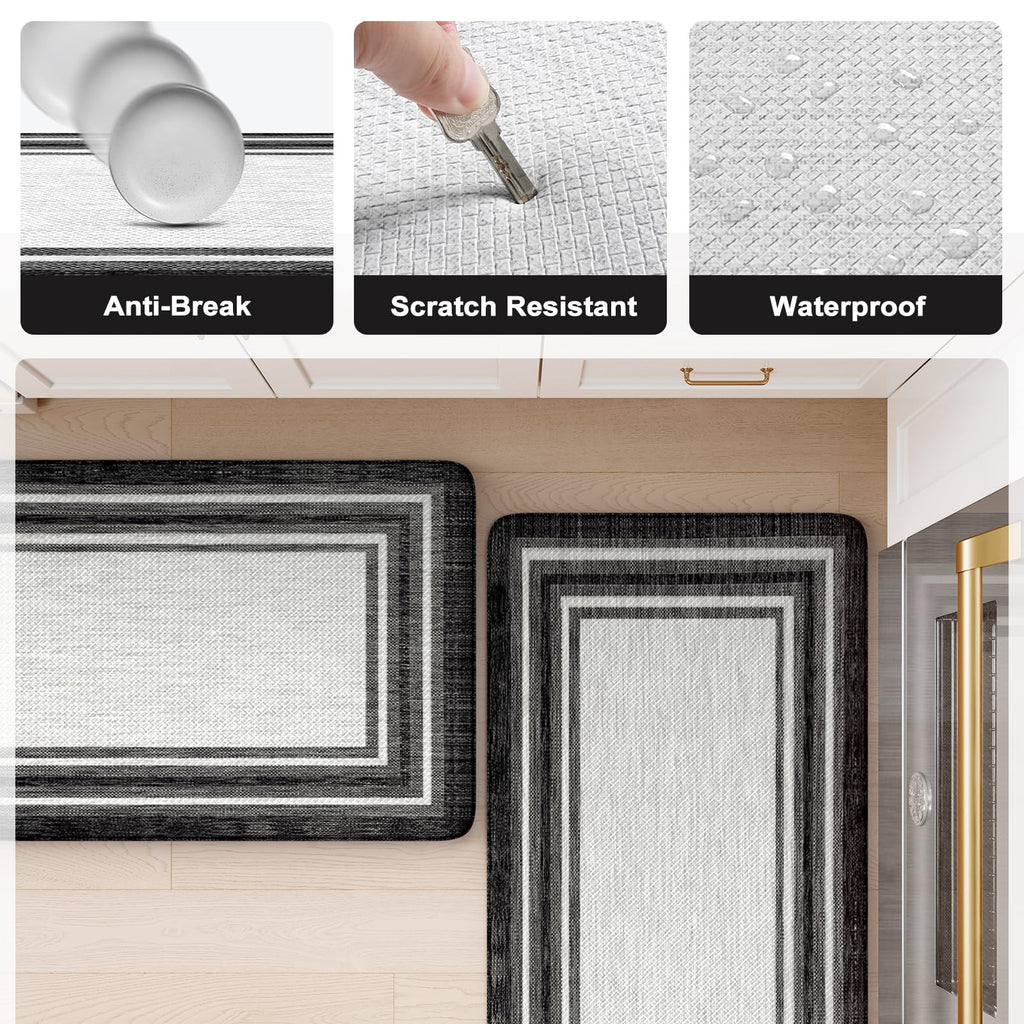 KIMODE Kitchen Mats 2PCS,Cushioned Anti Fatigue Kitchen Rugs and Mats,Non Skid Waterproof Kitchen Mats for Floor,Comfort Foam Standing Mat for Home Decor, Office,Sink,Laundry Room,Desk,Black and White