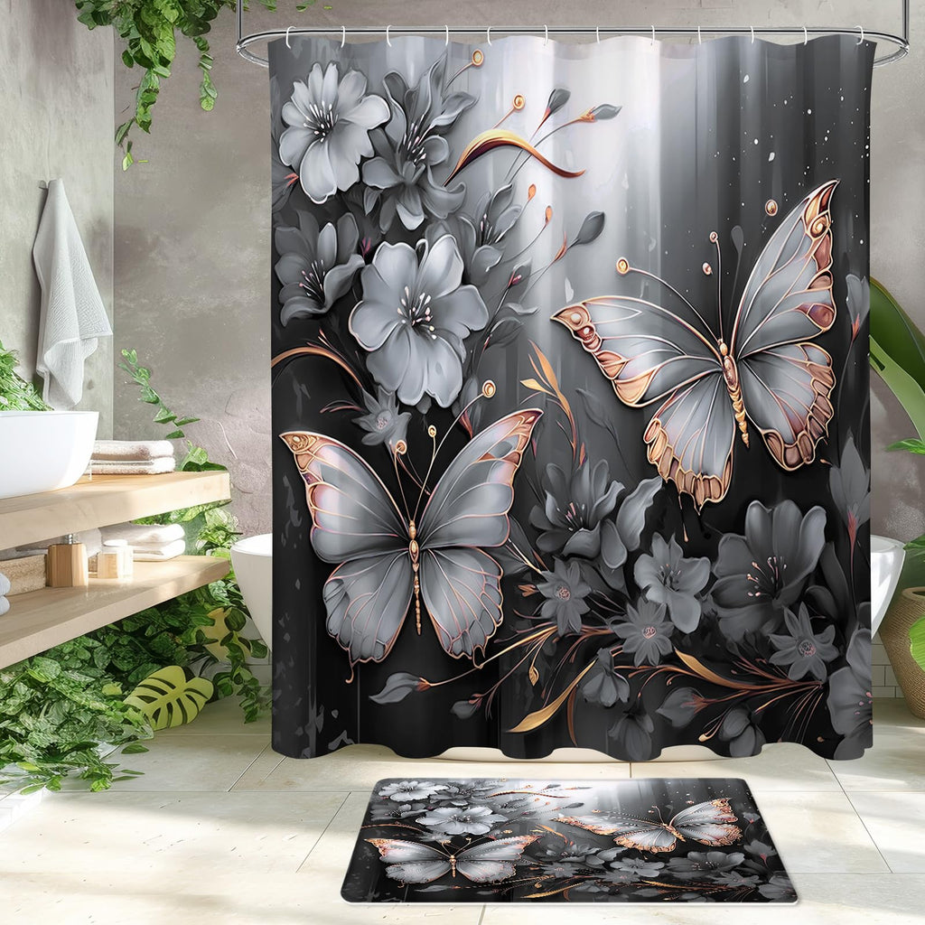 Litabel 4 Pcs Black Floral Butterfly Shower Curtain Set with Non-Slip Rugs, White Gold Modern Toilet Lid Cover and Bath Mat, Elegant Bathroom Decor Set (Hooks Not Included)