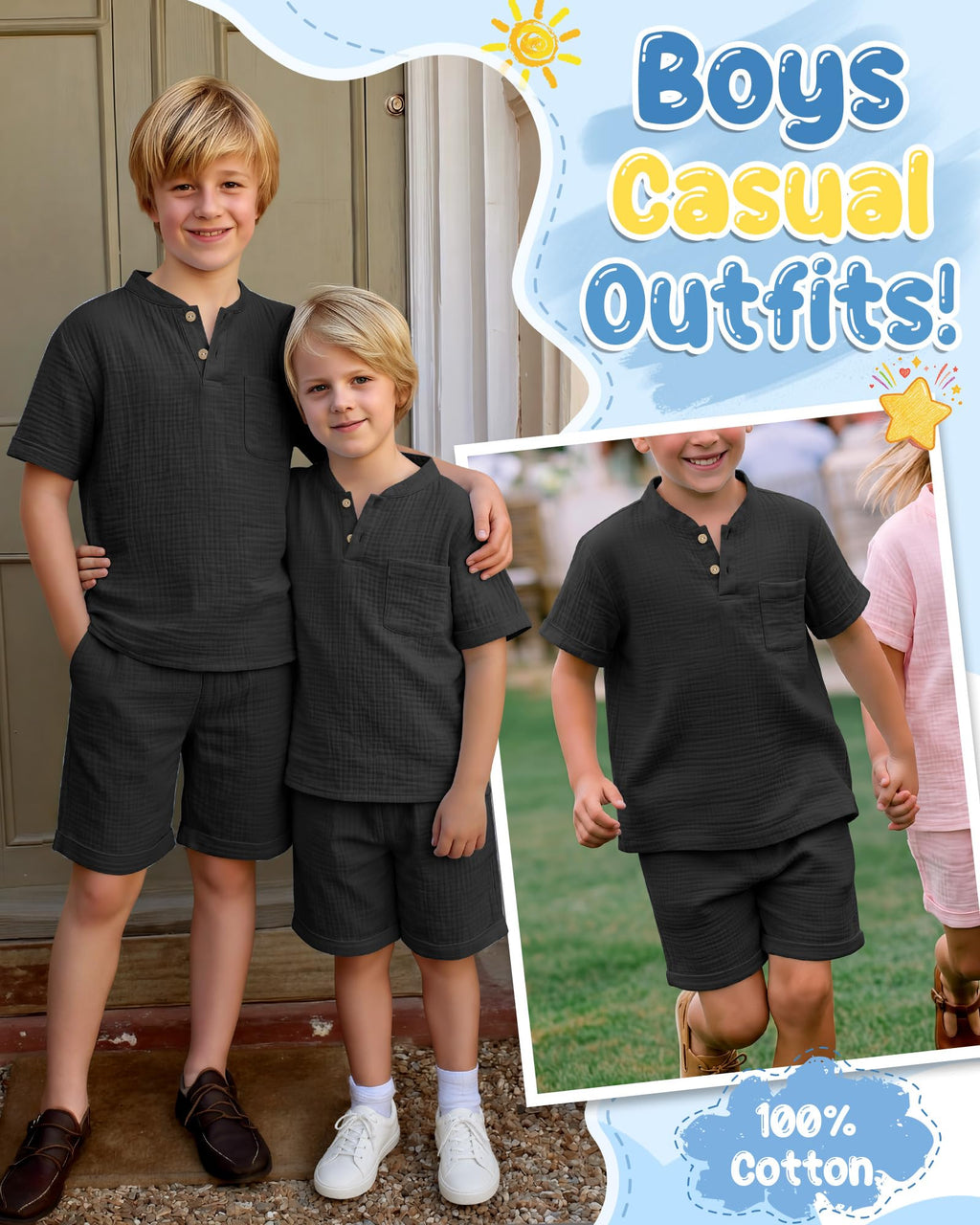 Boys 2 Piece Cotton Outfits 5-14Y Short Sleeve Button Down Shirt Shorts Pockets Summer Clothes Henley Casual Set