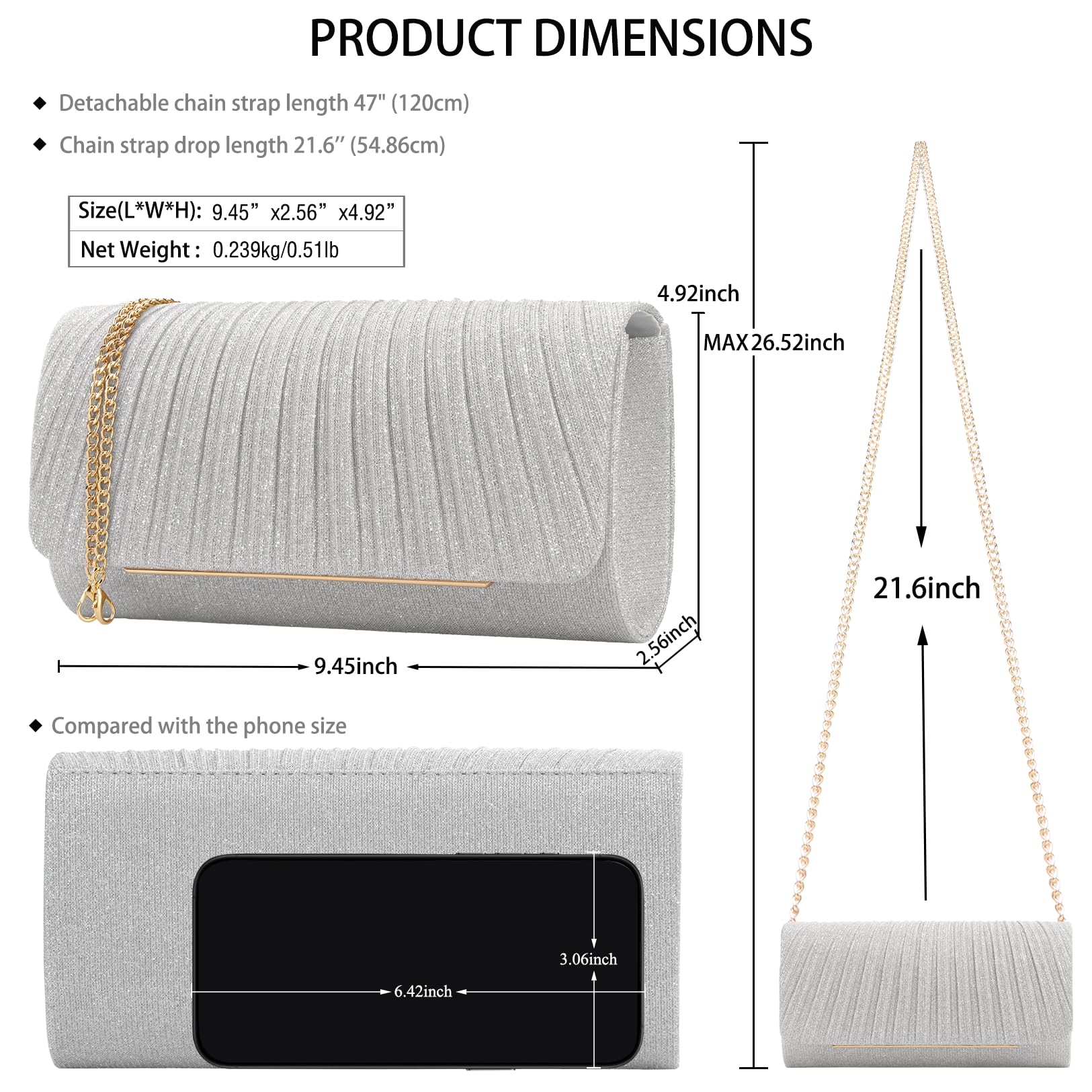 Women's Sparkling Evening Clutch Purse-Glitter Handbag with Detachable Strap for Weddings, Prom, Cocktail Parties