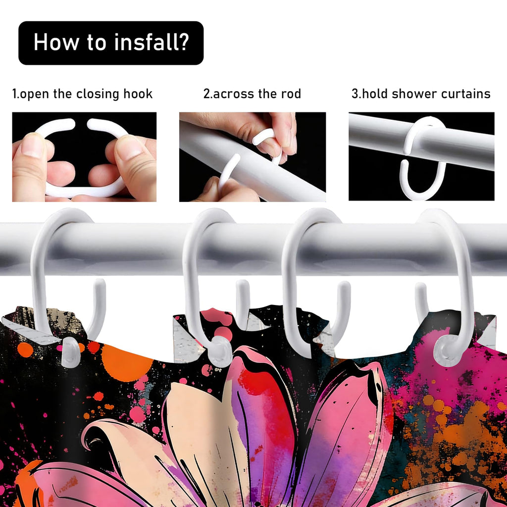 AZHM 4PCS Lotus Shower Curtain Set Black and Gold Flower Bathroom Decor Sets with Shower Curtain and Rugs and Accessories with 12 Hooks for Toilet