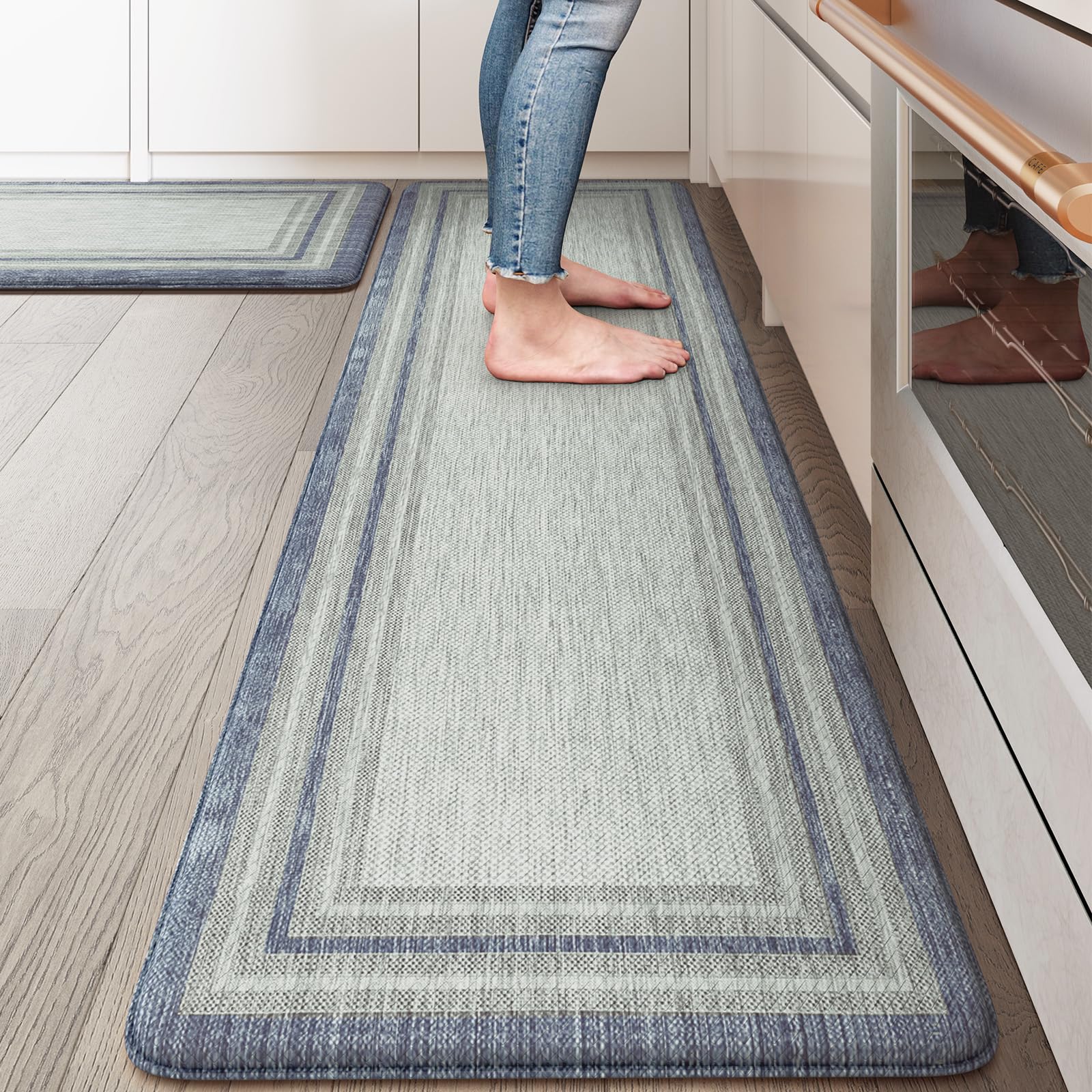 KIMODE Kitchen Mats 2PCS,Cushioned Anti Fatigue Kitchen Rugs and Mats,Non Skid Waterproof Kitchen Mats for Floor,Comfort Foam Standing Mat for Home Decor, Office,Sink,Laundry Room,Desk,Black and White