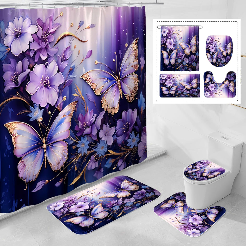 Litabel 4 Pcs Black Floral Butterfly Shower Curtain Set with Non-Slip Rugs, White Gold Modern Toilet Lid Cover and Bath Mat, Elegant Bathroom Decor Set (Hooks Not Included)