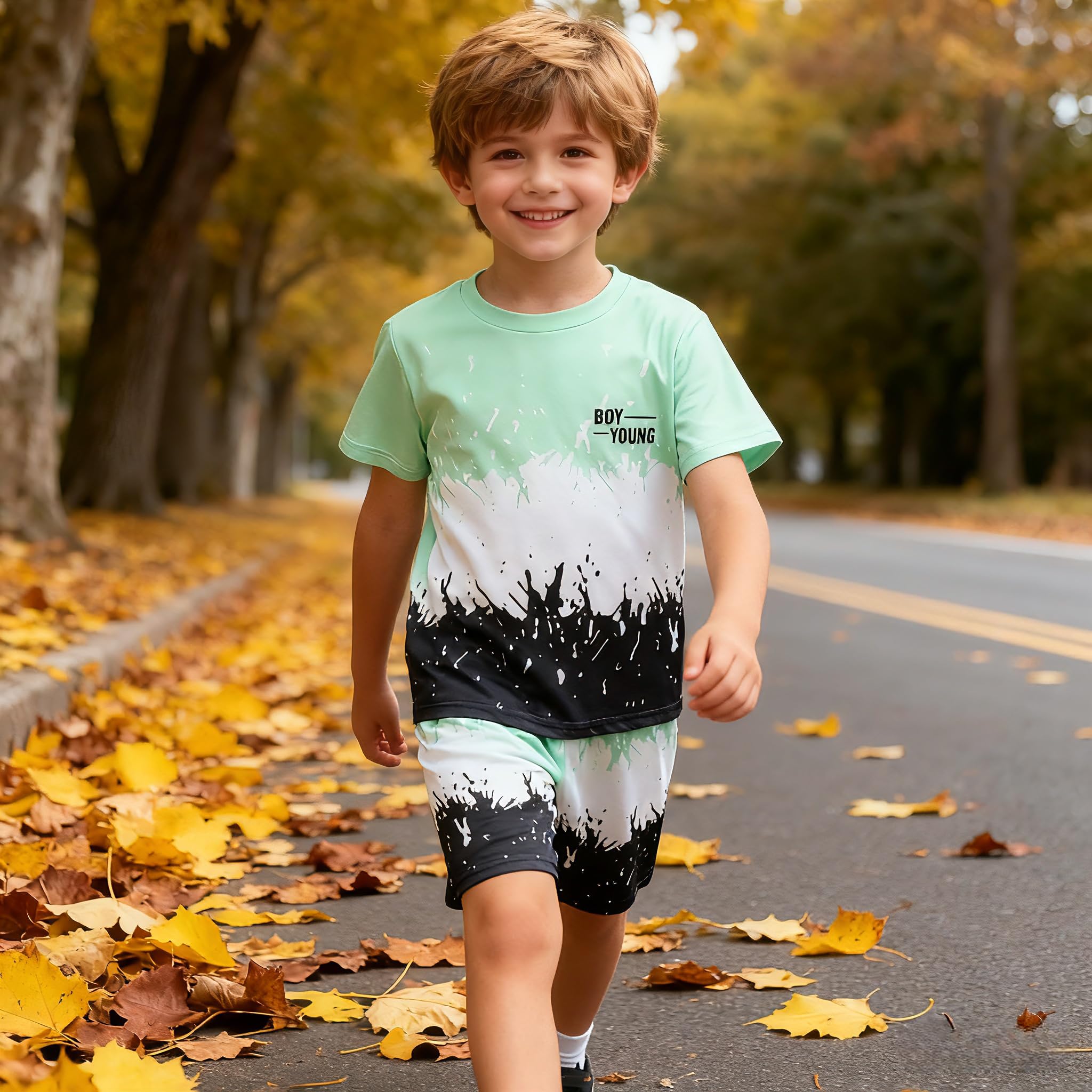 Kids Tween Boy Casual Clothing Set Letter Graphic Colorblock Tee +Shorts Summer Clothing Set 4-14 Years