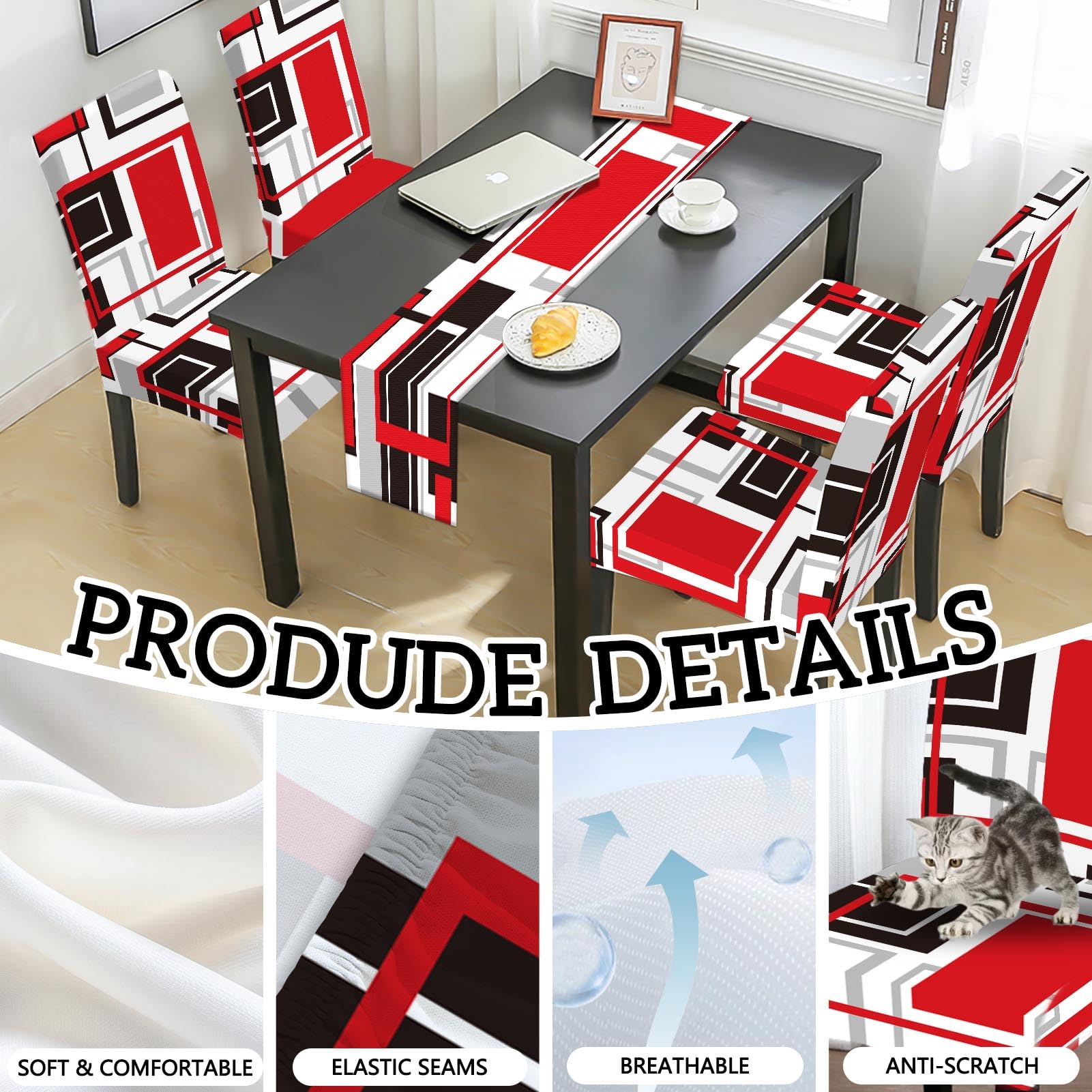 MCALK Geometric Navy Blue Chair Covers Set of 4 and Table Runner,Stretch Navy Blue Chair Slipcovers for Kitchen,Washable Removable Chair Protector Modern Chair Covers for Dining Room