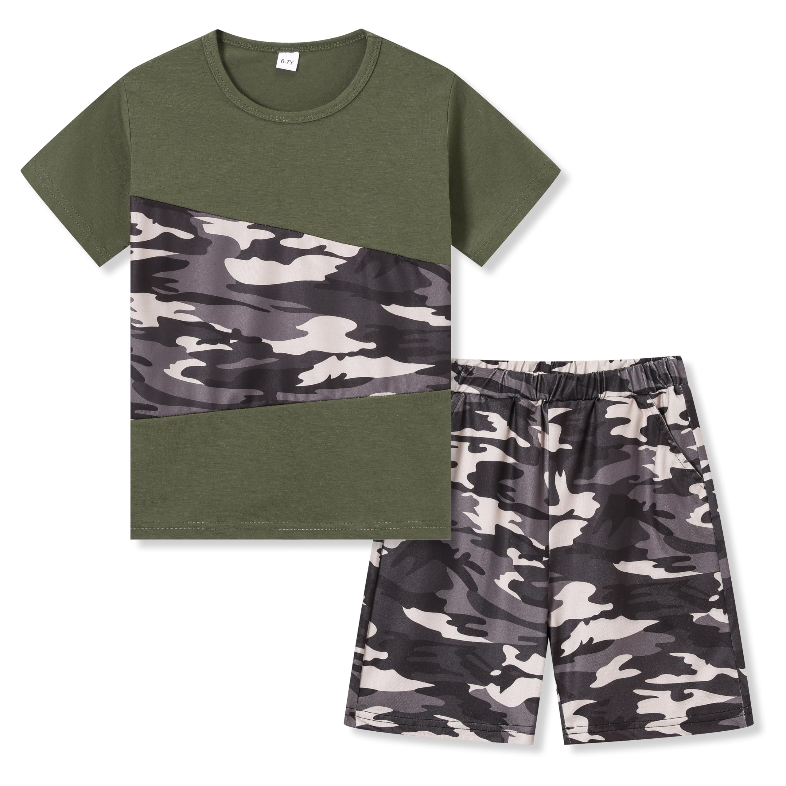 Azmxynol Tween Boys Clothes Daily Casual Short Sleeve Top + Cargo Shorts 2 Pieces Outfit Set, Size 6-14 Years