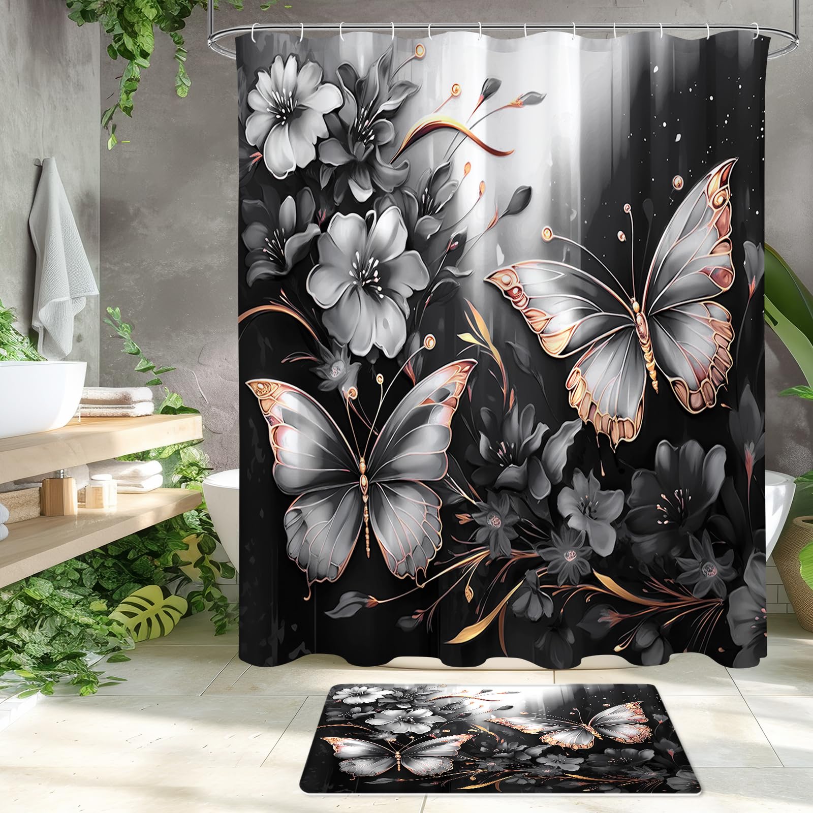 Litabel 4 Pcs Black Floral Butterfly Shower Curtain Set with Non-Slip Rugs, White Gold Modern Toilet Lid Cover and Bath Mat, Elegant Bathroom Decor Set (Hooks Not Included)