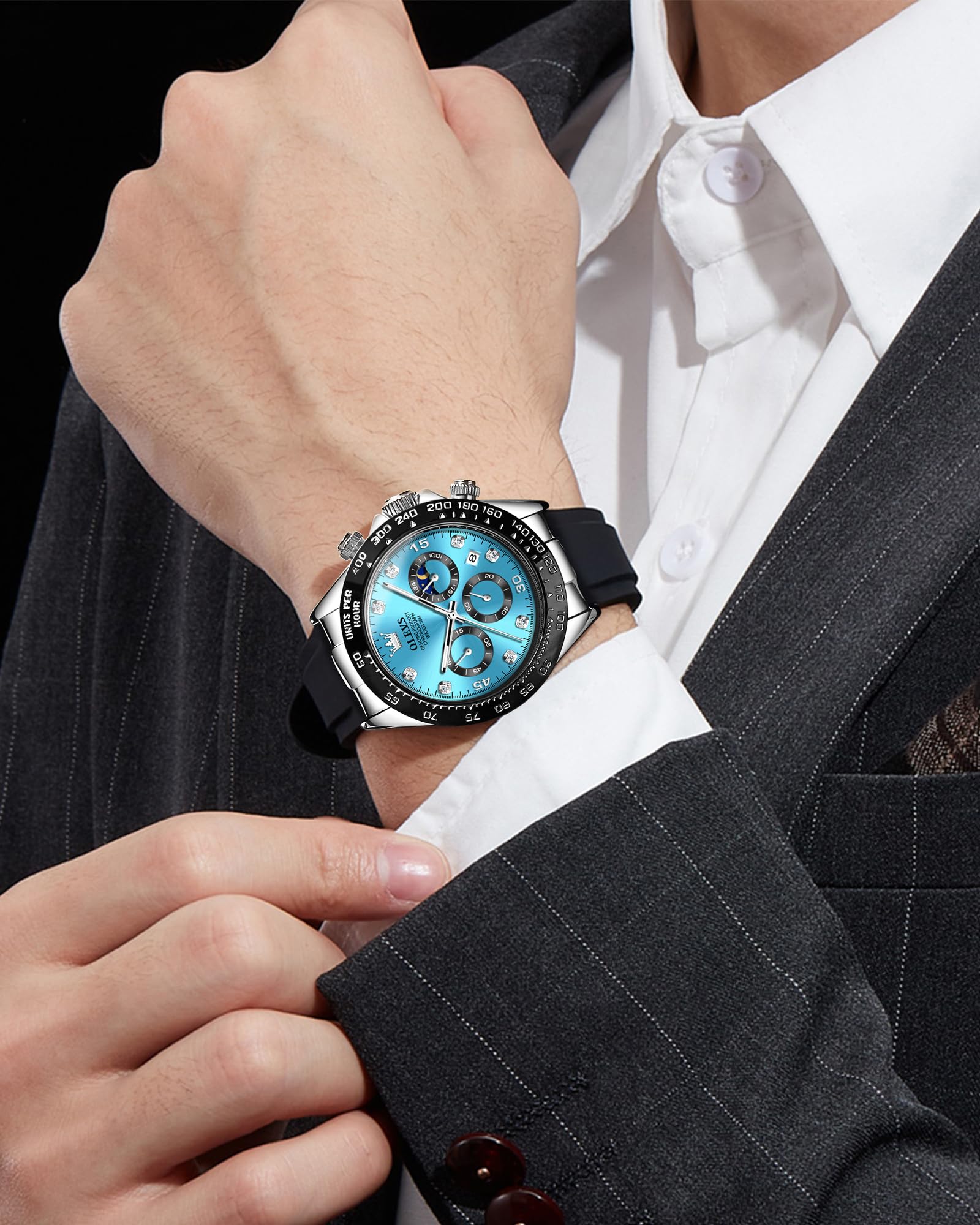 OLEVS Men Analog Quartz Waterproof Watches Multifunction Chronograph Diamond Moon Phase Luminous Silicone Band Wrist Watches