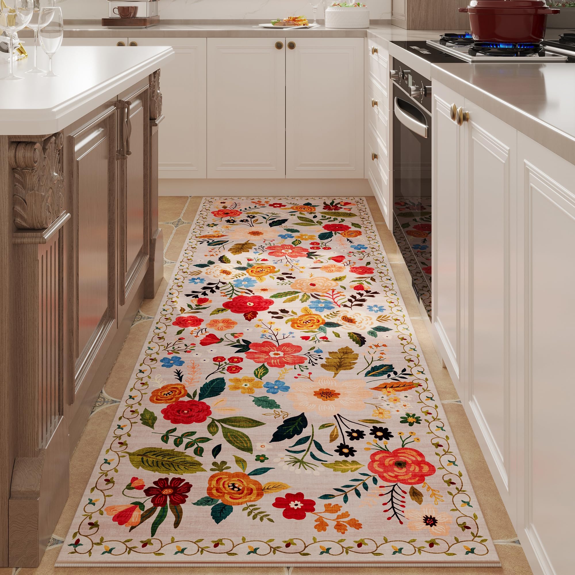 Rugcomf Area Rugs 8x10 Rug for Living Room Clearance Washable Boho Area Rug Non Slip Floral Vintage Low Pile Large Rug for Living Room, Bedroom, Farmhouse, Dining Room, Kids Playroom(Black)