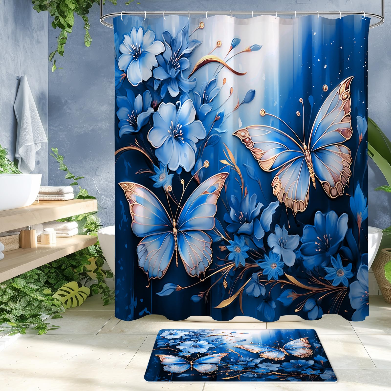 Litabel 4 Pcs Black Floral Butterfly Shower Curtain Set with Non-Slip Rugs, White Gold Modern Toilet Lid Cover and Bath Mat, Elegant Bathroom Decor Set (Hooks Not Included)